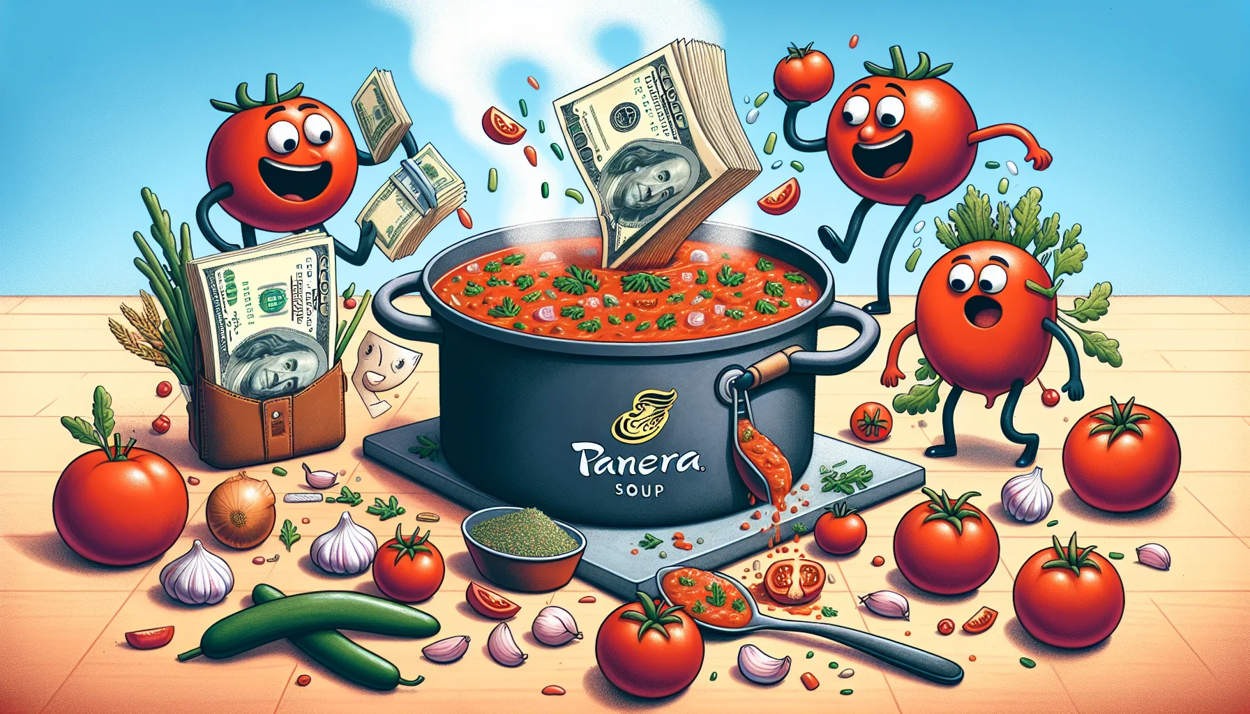 Create a humorously enticing image showcasing a Panera-inspired tomato soup recipe that encourages people to eat healthier for less money. Imagine a big pot of steamy tomato soup surrounded by fresh tomatoes, onions, garlic, and other necessary ingredients. A creative scene is featured that symbolizes budget-friendly nutrition. Perhaps a cartoon-style wallet is happily dancing around the pot, sprinkling herbs into it while a group of surprised dollar bills are looking on. The background is full of healthy vegetables and fruits indicating the richness of nutrition affordable at low costs.