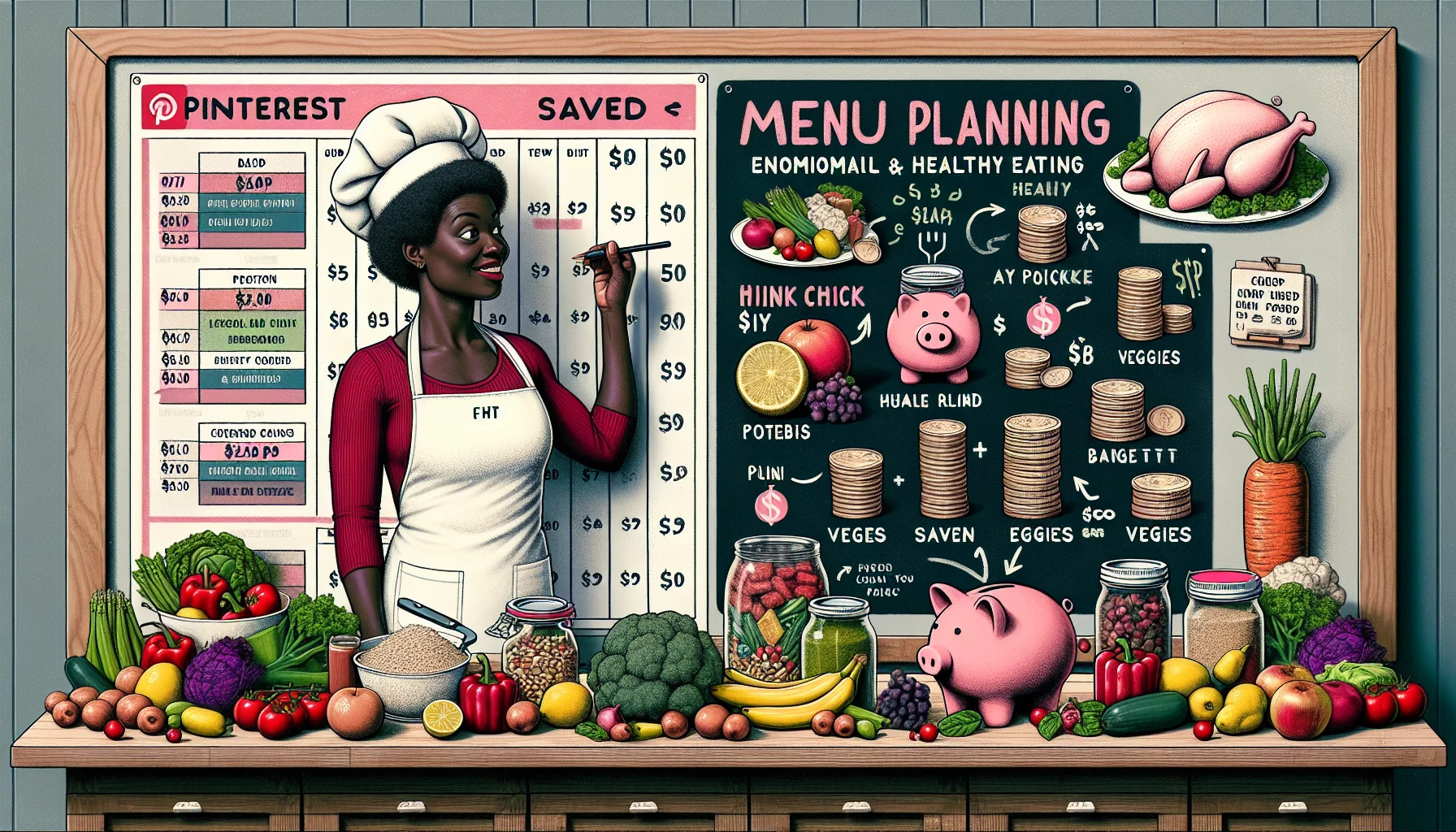 Generate an engaging and humorous image demonstrating a Pinterest-inspired menu planning scenario. Emphasize on economical and healthy eating. Picture a Black woman in her 30s wearing a chef's hat, standing by a counter filled with fresh fruits, vegetables, whole grains, and lean proteins. Next to her is a large chalkboard featuring a week's worth of creatively planned out meals. The funds saved are creatively visualized as stacks of coins or piggy banks. Include elements of humor - perhaps a lean chicken wearing a bargain tag or veggies performing a budget dance.