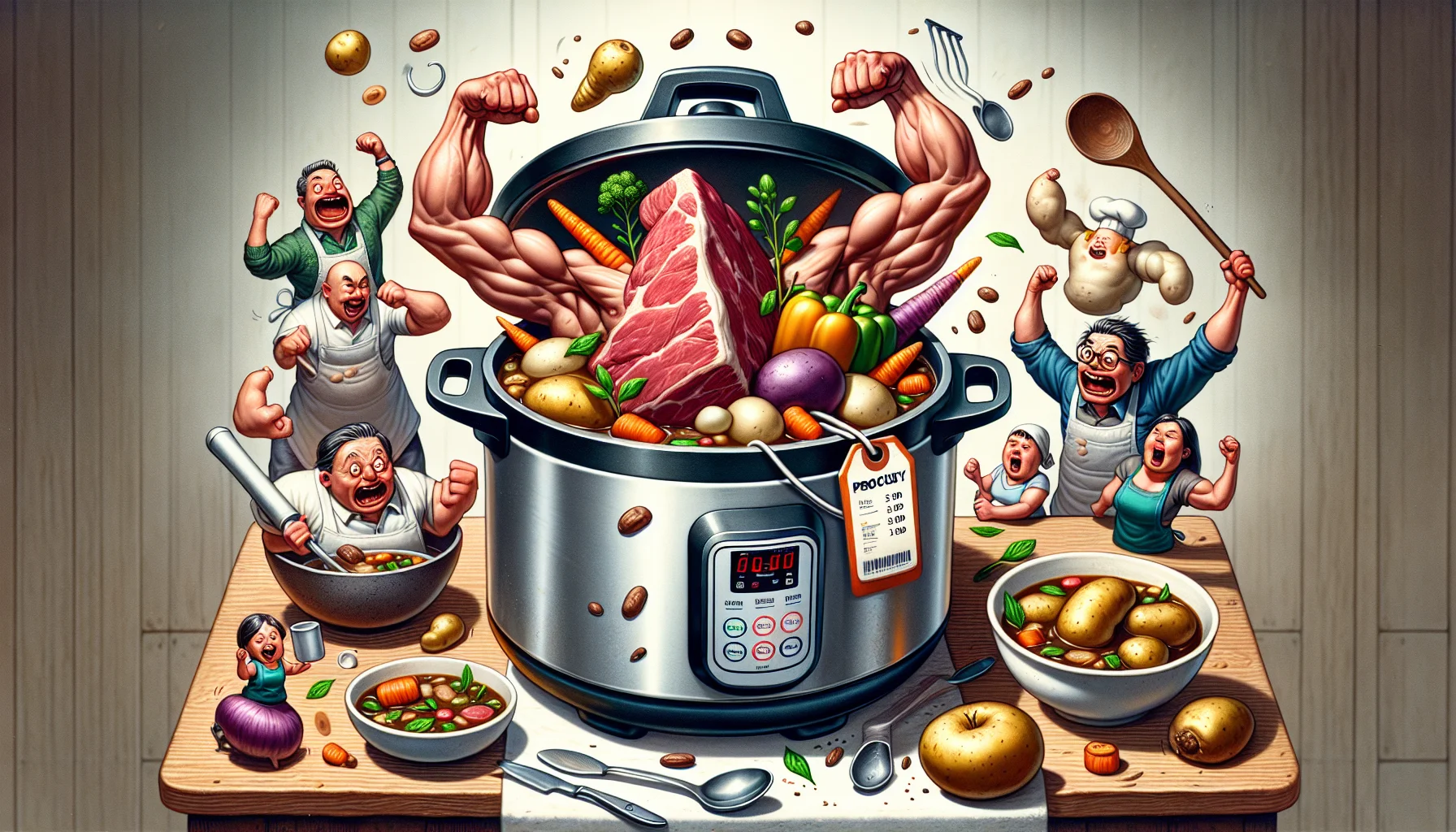 Detailed image of a humorous scene centred on making beef stew with a pressure cooker: The scene shows a pressure cooker on a budget-friendly kitchen counter. Inside the cooker, miniaturized cartoon-style food items, including chunks of beef, carrots, potatoes and herbs all appear to be joyfully diving in. The beef is depicted as flexing its muscles to reflect high protein content, while the vegetables show off their bright colours signifying rich nutrients. A small tag price label hangs from the pressure cooker showing a surprisingly low cost. Amused home cooks of various genders and descents look on eagerly, ready with bowls and spoons in their hands.