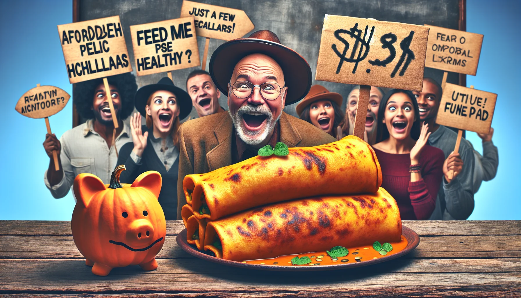 Create a humorous image that showcases a unique twist to typical cuisine: pumpkin enchiladas. This delicious Mexican dish is reimagined with a touch of autumn. The enchanting pumpkin enchiladas are resting on a rustic wooden table. Signs of affordability are cleverly incorporated; perhaps a price tag that says 'Just a few dollars' or a piggy bank with a 'Feed me healthy' sign. The scene is designed to intrigue and motivate people to opt for healthy yet cost-effective options. Diverse individuals of different descents and genders are in the background, expressing joyful surprise at the sight of this affordable, healthy dish.