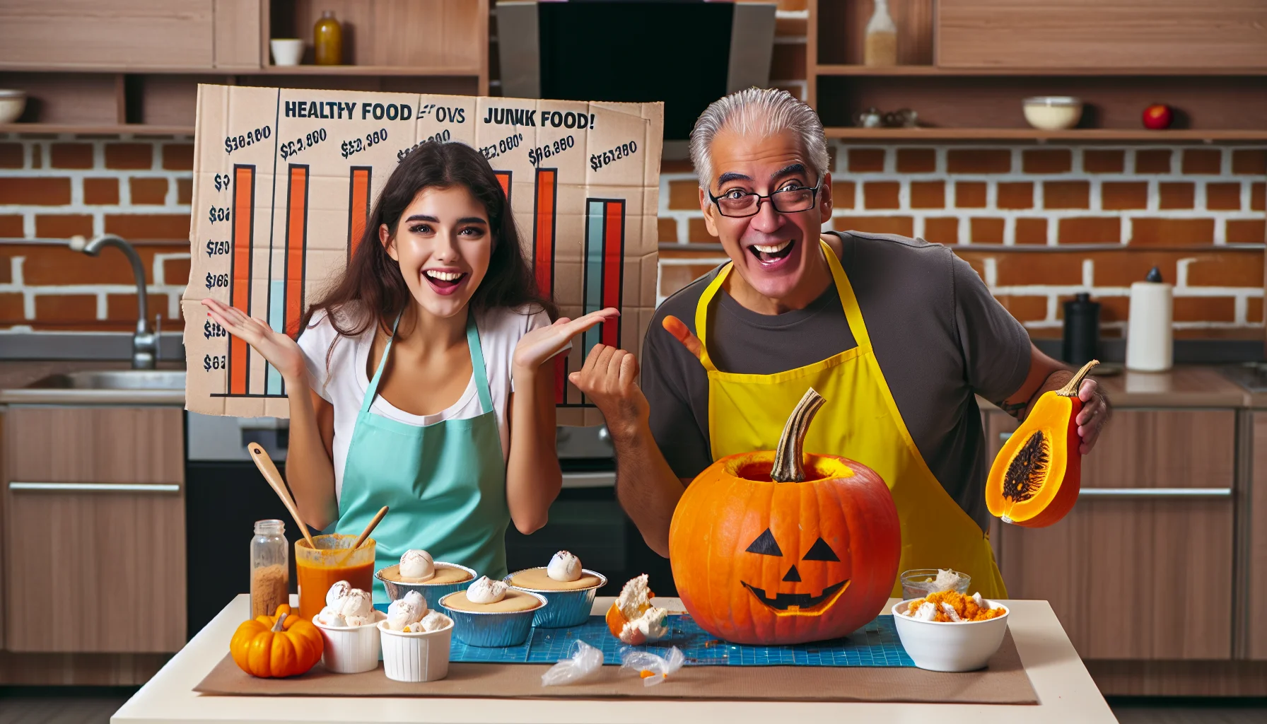 A funny and enticing image of a cooking challenge, specifically for a pumpkin ice cream pie. The scene is set in a comfortable home kitchen with a couple of contestants: a young Hispanic female chef and an elderly Caucasian male chef, both wearing colorful aprons. They are playfully competing, making expressions of surprise and joy as they create their pies with the freshest and cheapest ingredients laid out on the table, including a prominently displayed pumpkin. There’s a fun-size chart in the background comparing the costs of healthy food versus junk food, making a compelling argument for eating healthily on a budget.