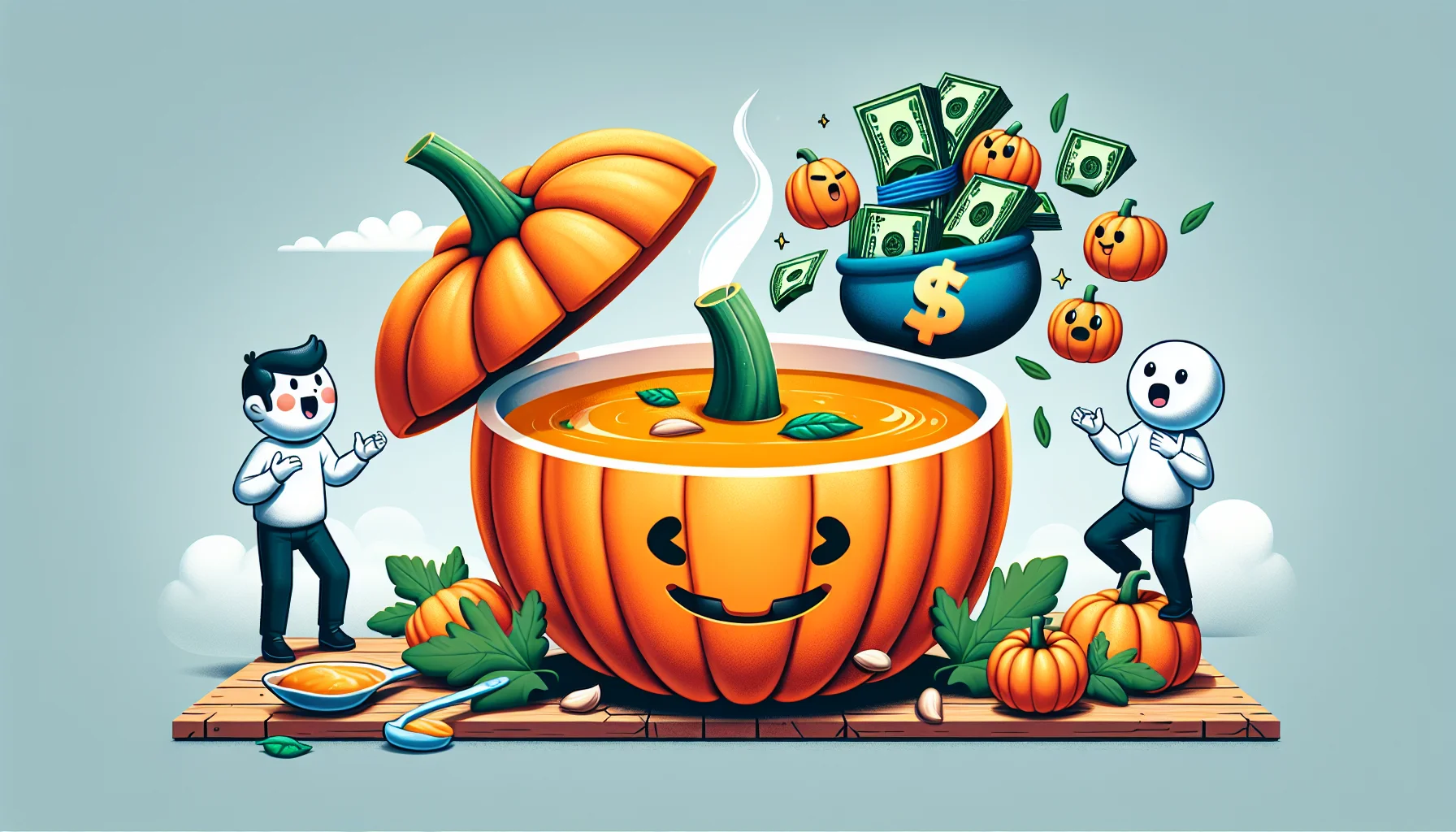 Create an image depicting an amusing scene of a large, vibrant pumpkin transforming into a steaming bowl of pumpkin soup. The soup is surrounded by various herbs and spices, and a bundle of dollar bills is leaning against it, accentuating the inexpensive nature of the dish. A couple of cartoon human characters of different genders and descents are observing this magical transformation with surprised and delighted expressions. Make sure to visually communicate that this flavorful and hearty pumpkin soup is an excellent choice for flu season due to its health benefits.