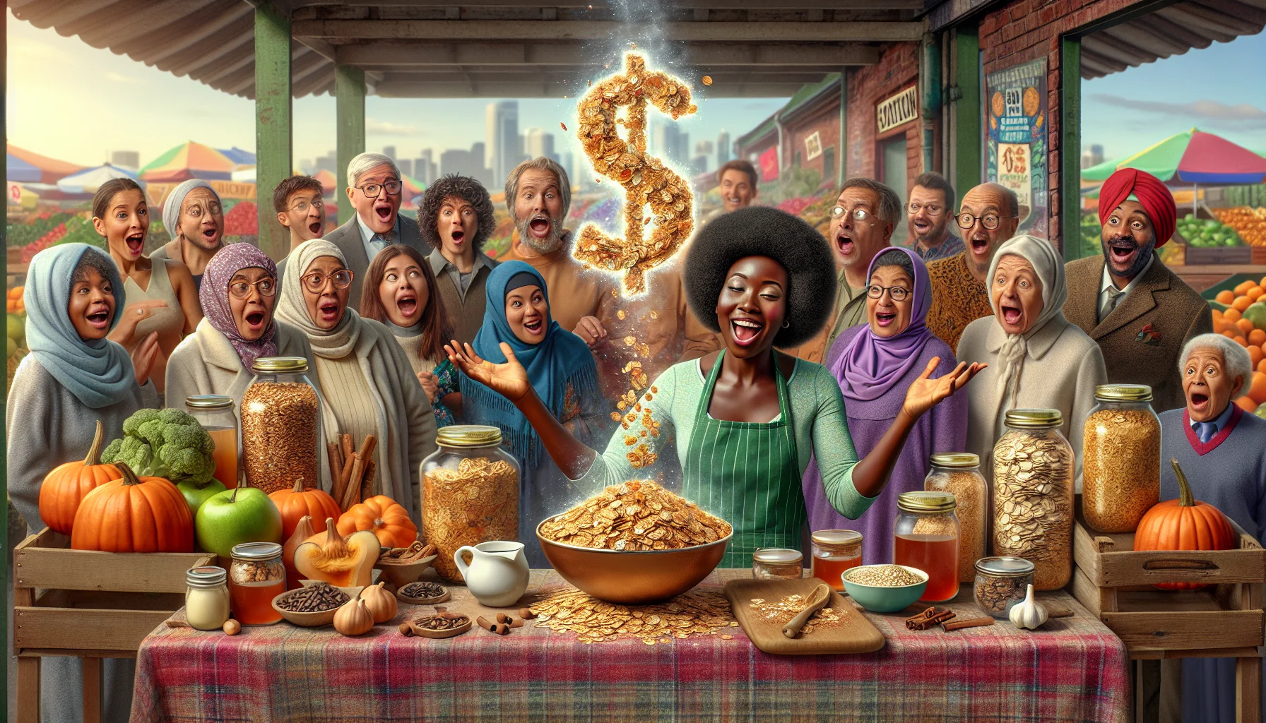 Create a humorous yet realistic scene set in a bustling, bargain-friendly fruit and vegetable market. In the center stands a makeshift stand, surrounded by people of diverse genders and descents expressing surprise and delight. There is a Black woman enthusiastically showcasing the magic of pumpkin spice granola creation. She holds up a bowl full of the crunchy golden morsels, a fragrant cloud of steam wafting from it up to reveal holographic dollar signs in the air, symbolizing healthful eating for less money. Ingredients like oats, pumpkin seeds, honey, and aromatic spices are visible around her, adding to the scene. 