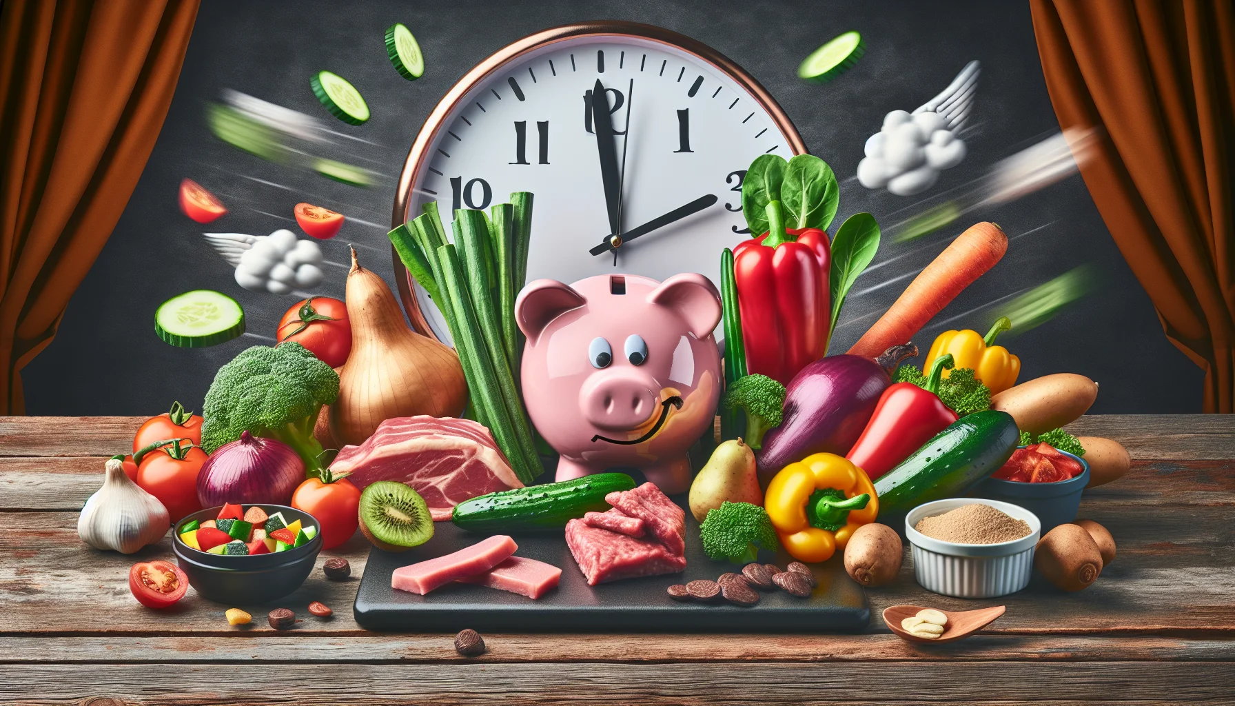 Create a comical and realistic image that captures the essence of a 15-minute dinner recipe. The scene includes an array of colorful vegetables and lean proteins arranged in a fun and quirky way, suggesting they are in a race against time. The food items could be given caricatured faces, emphasizing the surprise element. The background could hold a ticking clock, symbolizing the quick cooking time. On one part of the image should be a piggybank with wings, symbolizing the cost-efficient aspect of the meal preparation. This should be appealing and encourage people to eat healthy on a budget.