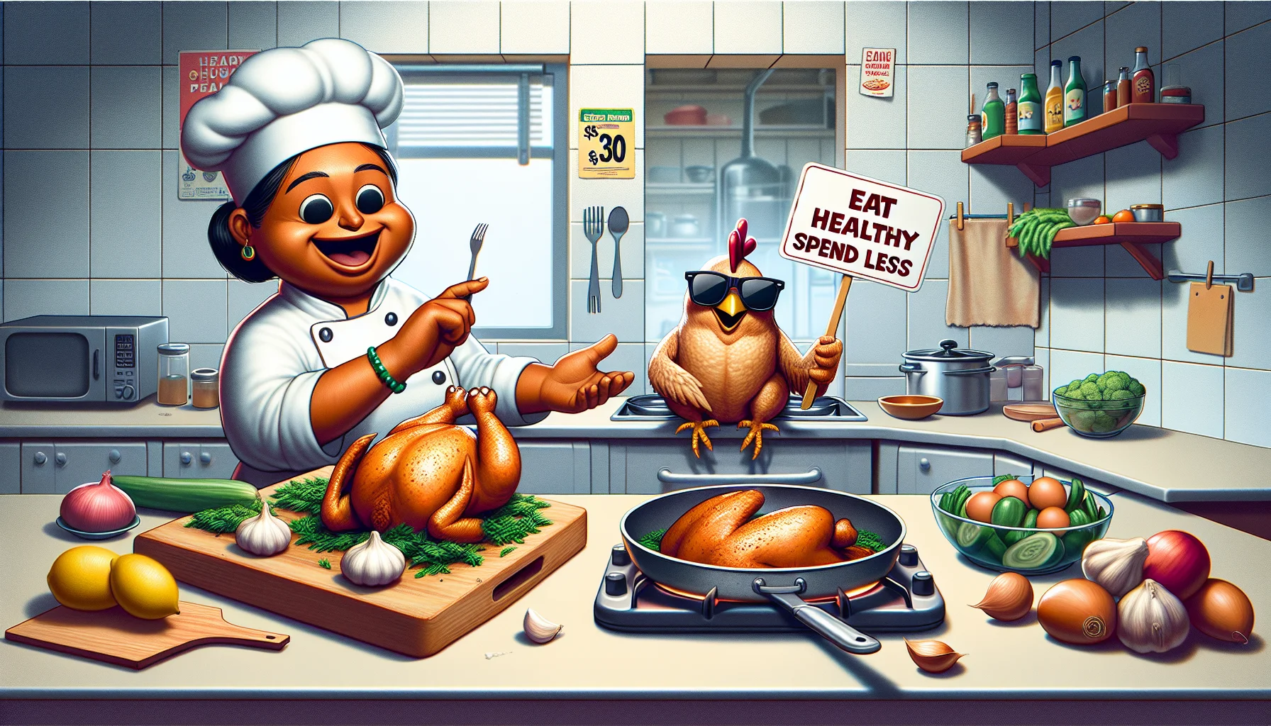 Create a humorous yet realistic image showcasing simple and cost-effective chicken roasting methods promoting healthier eating. The scene includes a female South Asian chef demonstrating how to perfectly roast a chicken in a small, well-equipped kitchen. The chicken wears sunglasses and holds a tiny sign saying 'Eat healthy, Spend less' in its wing. The signed is angled in such a way that it doesn't interfere with the roasting process. There are small price tags attached to healthy ingredients around the kitchen emphasizing cost-effectiveness, and a delightful energy is apparent which encourages viewers to adopt healthier habits.