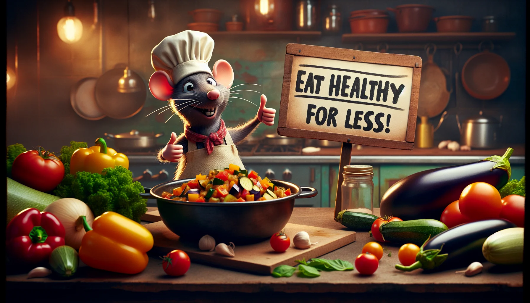 Generate an image of a cheeky, cartoon rat in a chef's hat and apron standing next to a large bowl of colorful ratatouille. The rat is holding a sign reading 'Eat Healthy For Less!' in one tiny paw, making a thumbs-up gesture with the other. The backdrop is a rustic kitchen scene, with budget-friendly ingredients scattered haphazardly around - bell peppers, tomatoes, eggplants, zucchini. The mood is fun and playful, with warm lighting enveloping the scene, creating a cozy and inviting atmosphere.