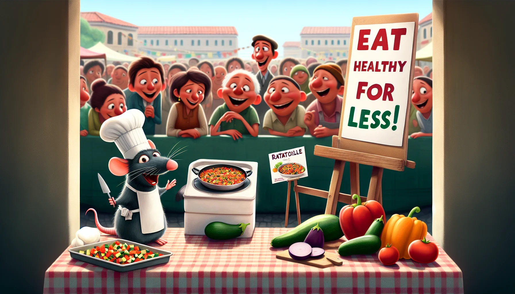 Show a humorous illustration where an anthropomorphic rat in a small chef's hat and apron, not unlike the concept of the movie Ratatouille, is showing off an affordable and healthy ratatouille recipe. Make sure the rat looks excited and engaging, trying to get attention of the people around. Have it hold a sign showing 'Eat healthy for less!' Also include ingredients like colorful diced vegetables (tomatoes, zucchinis, bell peppers, eggplants) and a copy of a simple cookbook lying nearby. The setting should be in a lively and crowded marketplace to emphasize the accessibility and affordability of the meal. All the people around should be smiling and interested in the rat's presentation, representing different genders and descents such as African, Asian, Caucasian, and Hispanic.