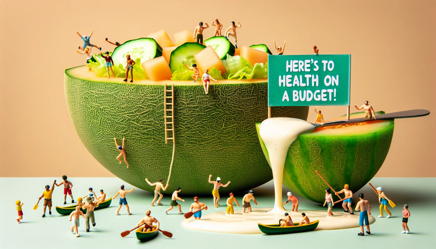 Create an imaginative scene showcasing a refreshing Melon Salad Side Dish. In this humorous scenario, let's have the melon halves positioned as if they're paddling a canoe on a refreshing river made of salad dressing. A diverse group of tiny, comically-stylized human figures of different descents and genders should interact with the salad, some climbing on the melon halves, others swimming in the dressing river, and even some diving from a high cucumber cliff. A large banner hangs in the background reading 'Here's to health on a budget!', reinforcing the idea of enjoying healthy food for less money.