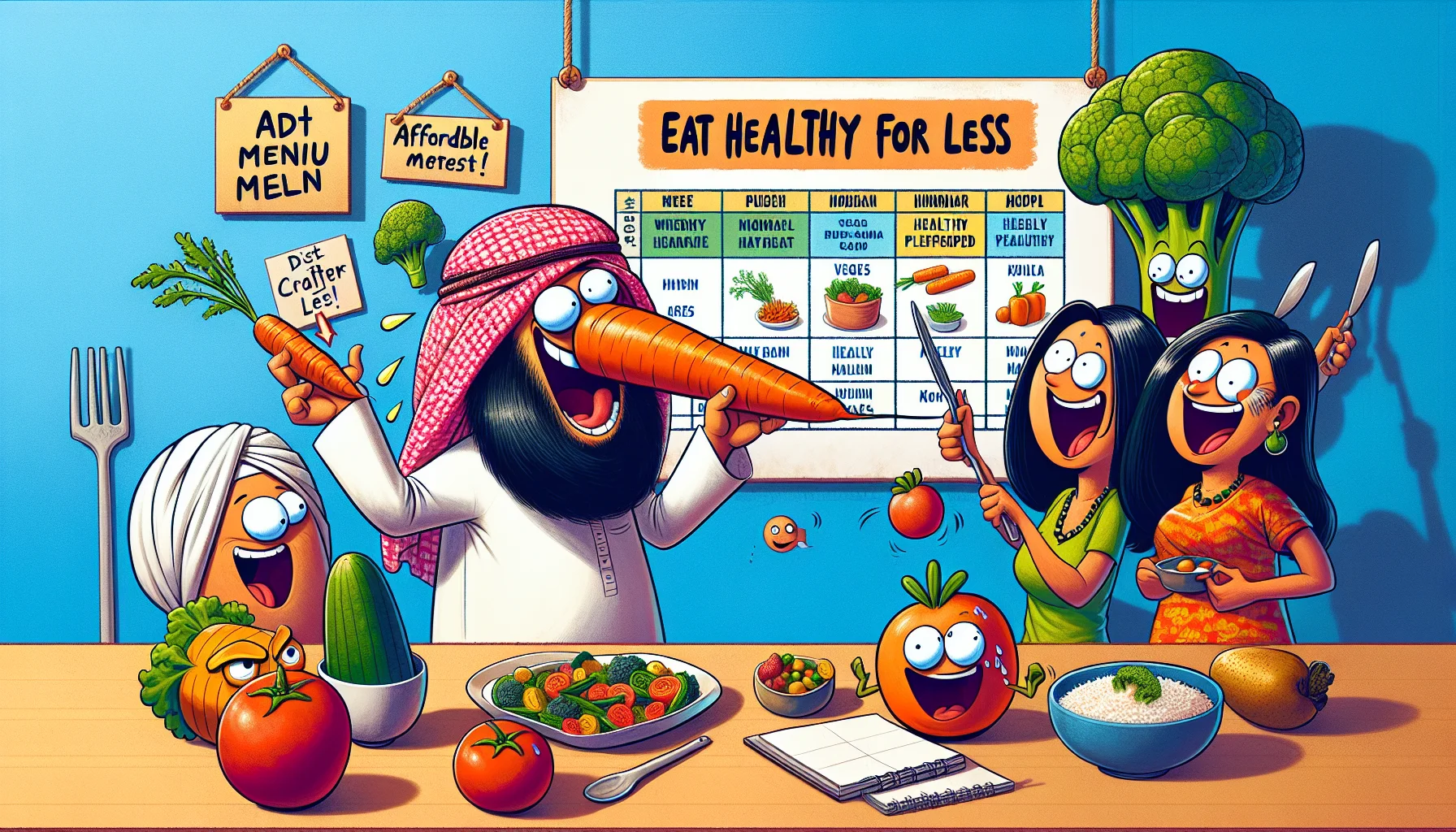 Creating a humorous illustration of a weekly menu planning scene. Involved in the scenario are an endearing goofball of a Middle-Eastern man, trying to balance a giant carrot on his nose, a South-Asian woman laughing heartily in the background as she points at a colourful chart on the wall, that depicts a week's worth of affordable, healthy meals. Echoing the playful spirit, veggies and fruits look excited, with googly eyes and cartoon-like expression, eagerly waiting to be included in the meal plan. A strategically placed sign reads, 'Eat healthy for less' offering a funny yet compelling message.