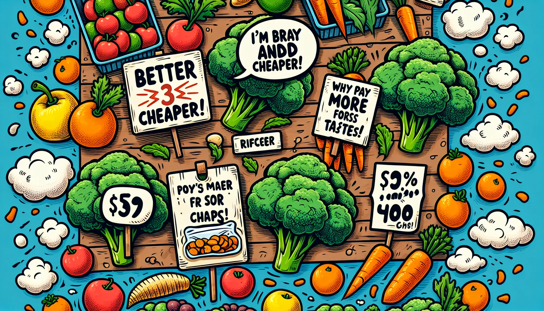 Create an image of a bustling farmer's market with vibrant fruits and vegetables being sold at discounted prices. Humorous price tags are scattered throughout the market. One tag shows a broccoli bunch priced cheaper than a bag of chips with a small comic bubble saying, 'I'm better and cheaper!' Similarly, a bunch of carrots have the tag saying, 'Why pay more for less taste?' and so on, illustrating the concept of eating healthy for less.
