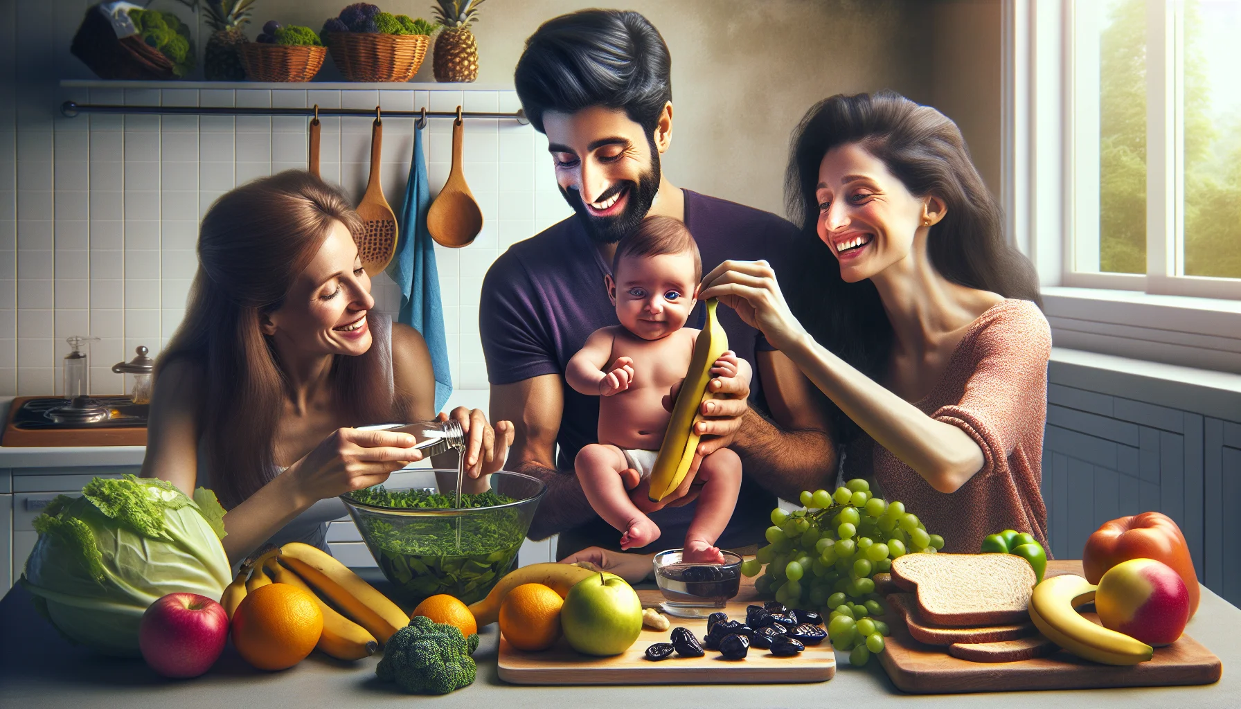 Create a realistic yet amusing depiction of various natural remedies for infant constipation. Picture a scene where a Middle-Eastern male and a Hispanic female are playfully engaging their Caucasian baby with these remedies. They could utilize ripe bananas, soaked prunes, and warm water for the demonstration. They appear to be using a simple kitchen setup with green, leafy vegetables, colorful fruits, and whole wheat bread lying on the counter, all suggesting a healthy diet for a lesser cost. The tone should be playful and inviting, encouraging viewers to adopt healthier and cost-effective eating habits.