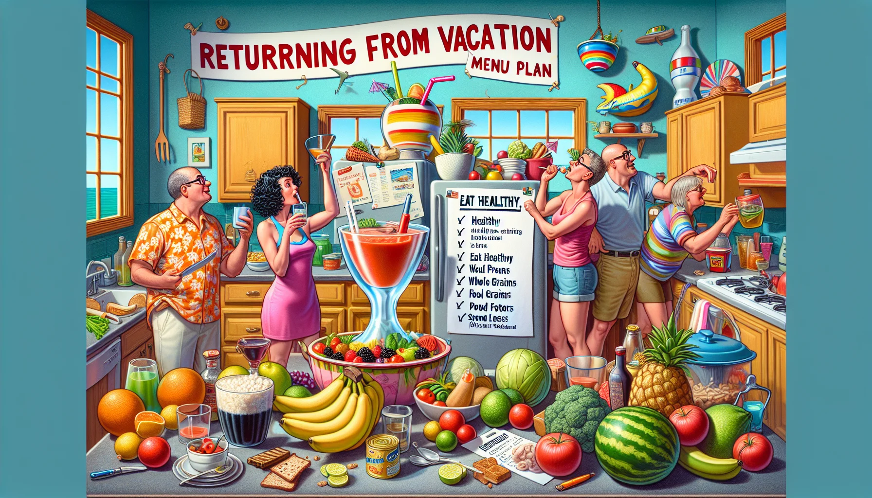 Conjure an amusing and realistic scenario, filled with vibrant colors and clever details, centering around the theme of 'Returning from Vacation: Menu Plan'. The scene might include a diverse group of people humorously struggling to readjust to the routine of cooking at home. Their kitchen counter is strewn with healthy, budget-friendly foods: fruits, vegetables, lean proteins, whole grains. A shopping list on the refrigerator door includes 'Eat Healthy, Spend Less' as the number one point. Juxtapose this against a kitschy souvenir from their vacation, such as a giant cocktail glass or over-the-top pool float, that's hilariously out of place in this domestic setting.