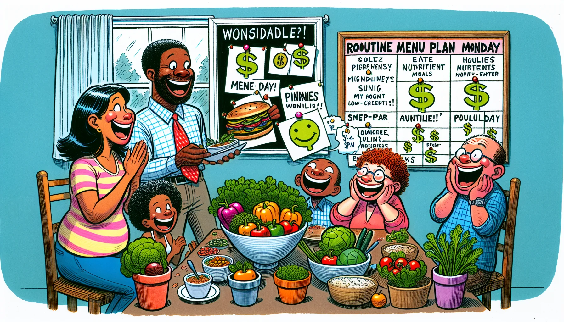 Illustrate a hilarious scenario involving 'Routine Menu Plan Monday.' The image should depict multiracial characters jovially discussing a strategic menu board containing a variety of low-cost but nutritious meals. To enforce the theme of affordability, the board could have catchy taglines like 'Eat Healthy for Pennies!' with dollar signs turned into smiley faces. The room should signify a homey atmosphere, adorned with pots of vibrant vegetables and fruits, symbolizing freshness. Characters should encompass a range of ages, and their excited expressions will indicate their eagerness to stick to the new menu plan.