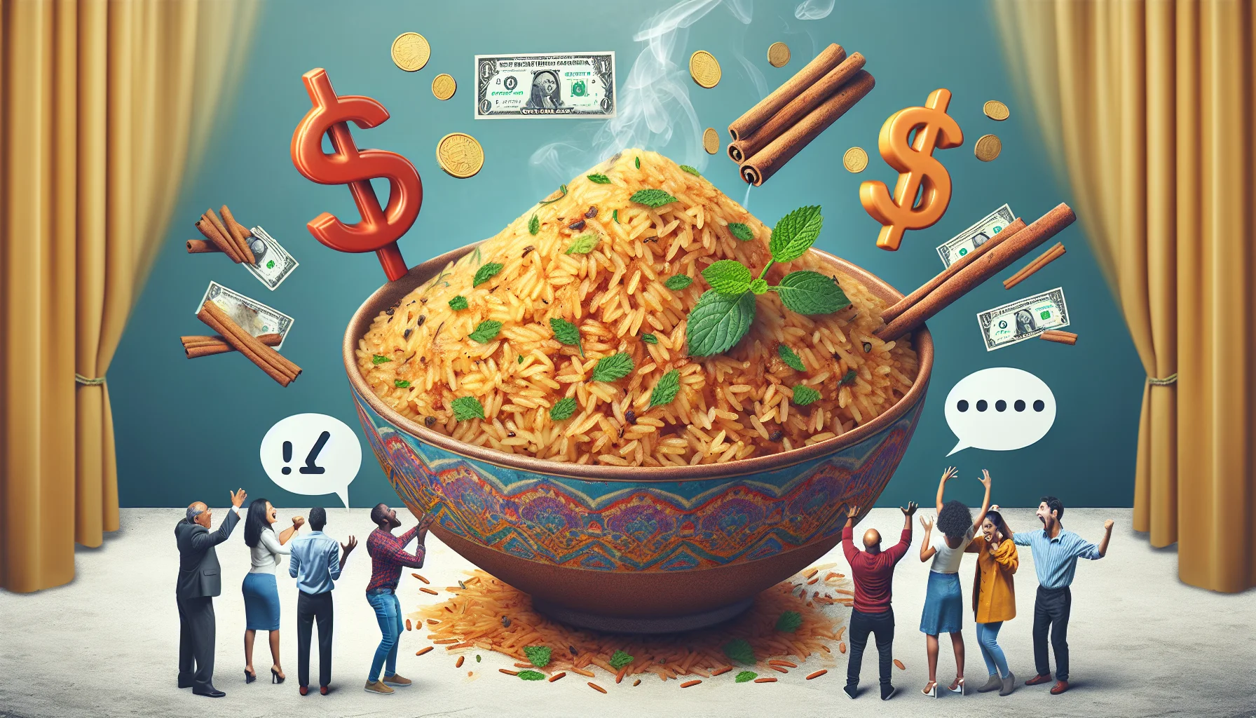 Create a visually engaging and amusing scenario where a huge bowl of savory cinnamon rice is centre-stage. The steaming, perfectly cooked, golden-brown rice is glistening with fresh herbs scattered on top. It's surrounded by cost-saving symbols and dollar notes with a downward arrow, signifying the affordability of the dish. A diverse group of people, including a South Asian woman and a Middle-Eastern man, are eagerly reaching for the bowl, their faces lit up with anticipation. Floating speech bubbles over them are filled with exclamations of the health benefits and cost-effectiveness of the dish, adding a humorous touch.