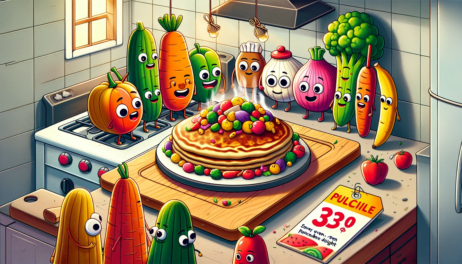 Illustrate an amusing yet relatable scenario depicting a 'Savory Oven Pancake Delight'. The pancake should be served on a stylish dish, adorned with a rainbow of colorful vegetables, giving a testament to its rich nutritional content. A group of animated food items from different food groups, all with quirky faces, are gathered around observing it with awe. These should appear to be engaged in a lively conversation, convincingly advocating for healthy eating. Off to the side, there's a price tag with a surprisingly low figure, demonstrating that good health doesn't always have to come at a high cost. The setting should be in a homely kitchen.