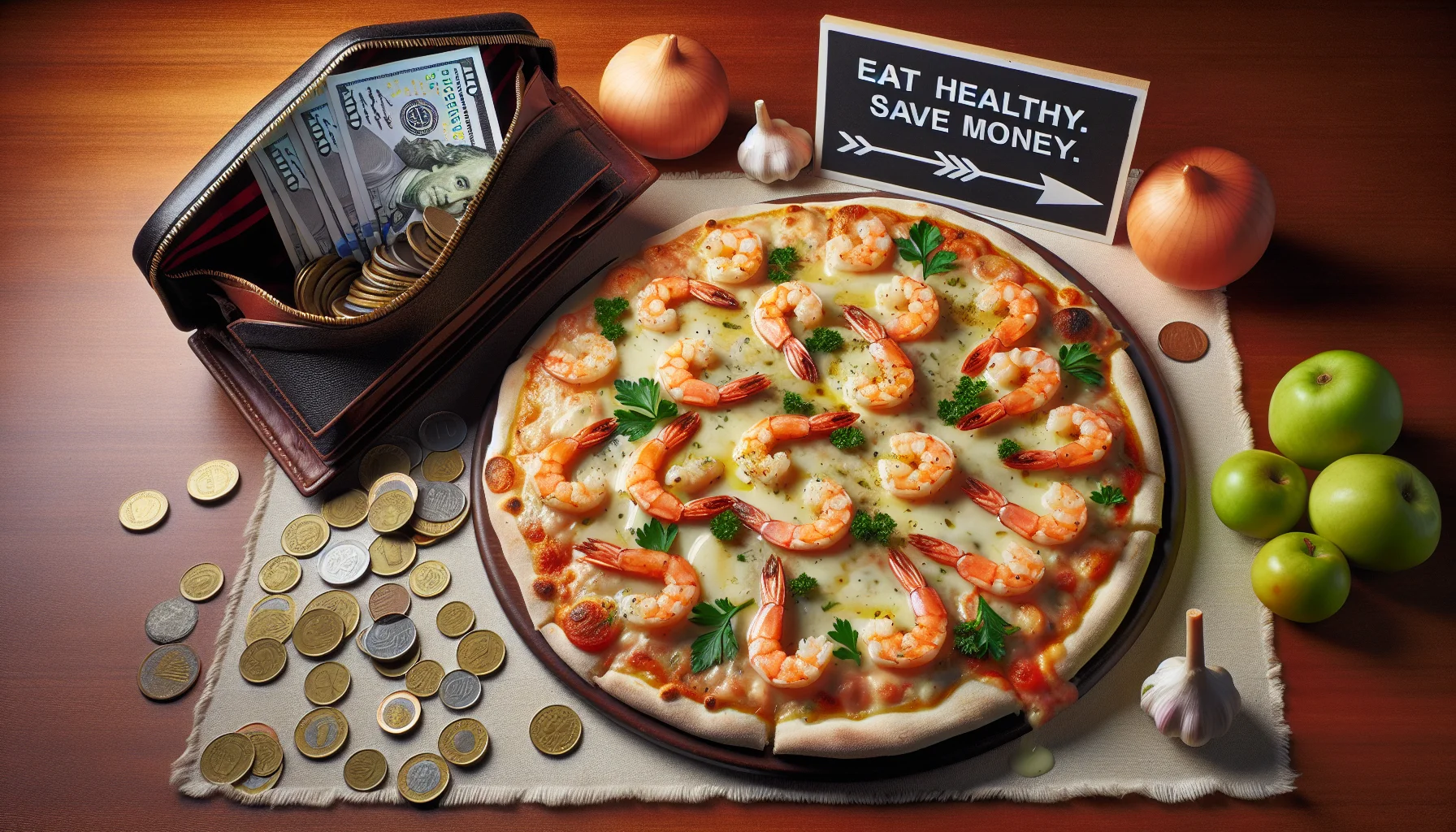 An amusing tableau featuring an appetizing shrimp scampi pizza. The pizza, laden with succulent shrimp, garlic, olive oil, parsley, and a generous sprinkling of mozzarella, is a stunning sight. The crust is thin and perfectly baked, with hints of golden brown. It's placed on a tastefully decorated wooden dining table. Beside the pizza, there's an open wallet filled with money, with coins humorously rolling out towards a sign saying 'Eat Healthy. Save Money.' and an arrow pointing towards the pizza, indicating that this delicious meal is an affordable choice for a healthy diet.