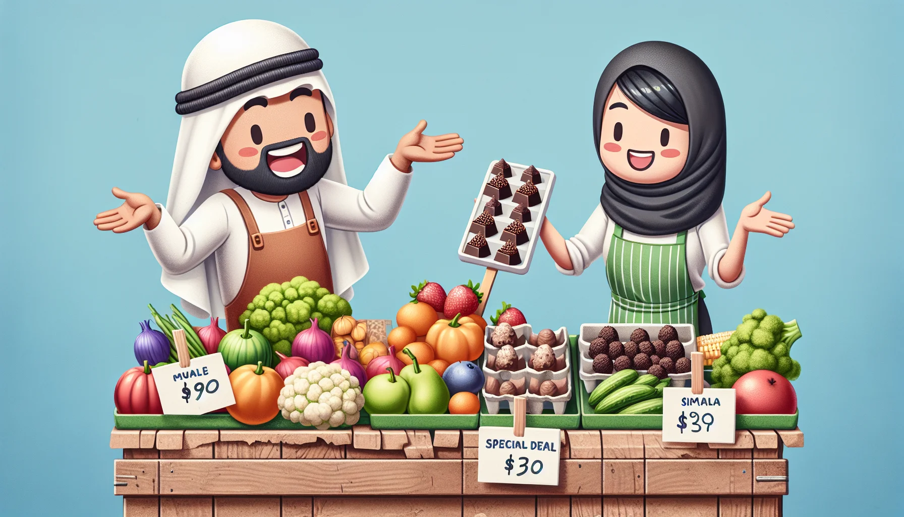 Create a fun and humorous image of a playful scene at a farmer's market. A Middle-Eastern male vendor passionately advocates about the benefits of healthy eating and offers a special deal. His stand is attractively loaded with an assortment of fresh, colorful fruits and vegetables. Right next to him, an Asian woman presents a tray of Simple Fudgy Chocolate Bites, made from organic cocoa and natural sweeteners. They both wear aprons and have joyful expressions on their faces. The price tags show reasonable prices, encouraging people to choose healthier options for less money.