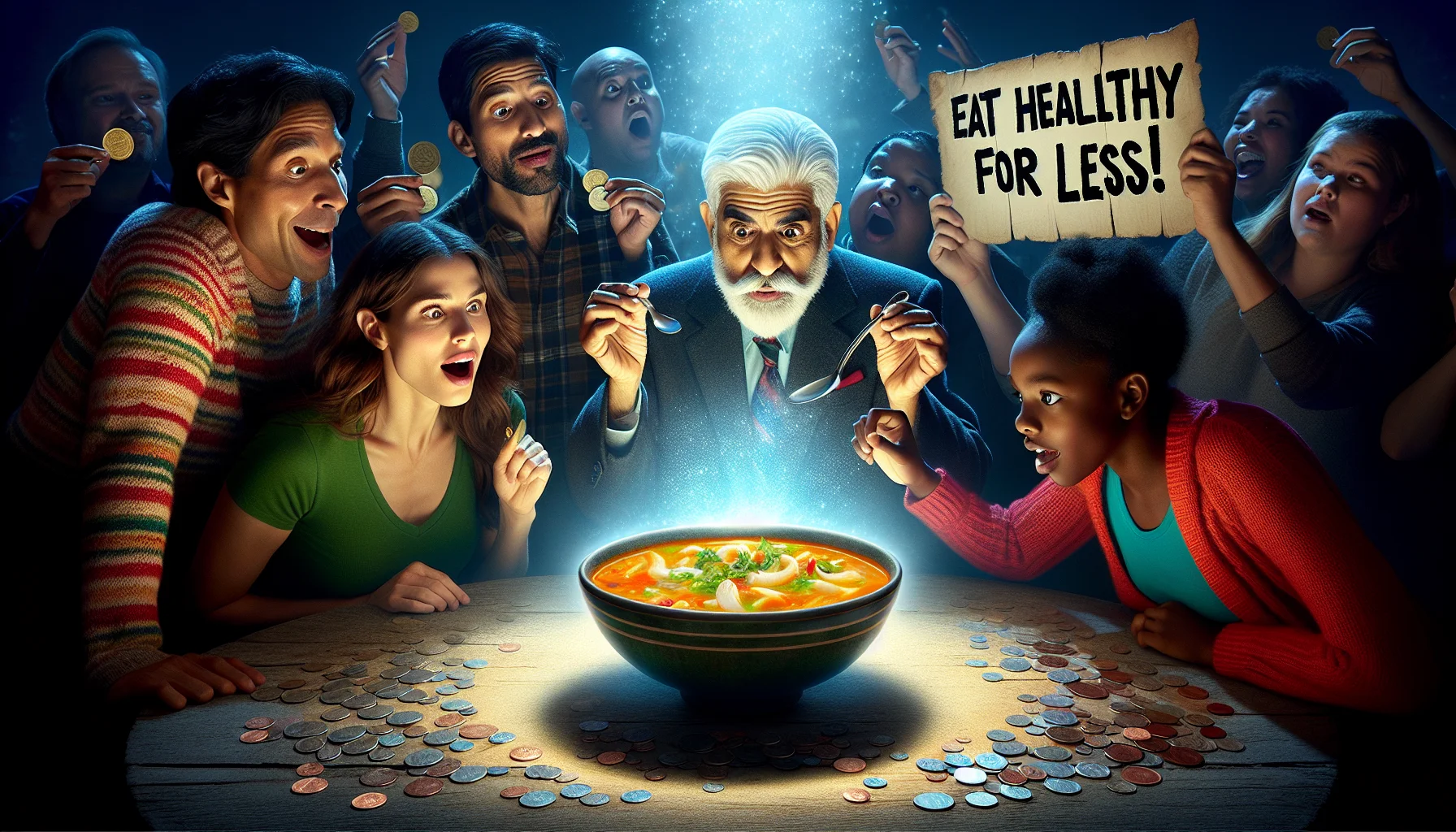 Imagine a hilarious and enticing scenario around a glowing bowl of Simple Three-Ingredient Soup. The soup is richly colored, steaming and radiating warmth. In the scene, a diverse group of people, including a Hispanic woman, a Caucasian man, and a Black child, are mesmerized by the magical aura of the soup. They gaze in awe of the soup, pulling out coins from their pockets, expressing that it is affordable and healthful. Perhaps a sign could read, 'Eat healthy for less!' to emphasize this message. The allure of low cost, high nutrition food has brought them together in this humorous tableau.