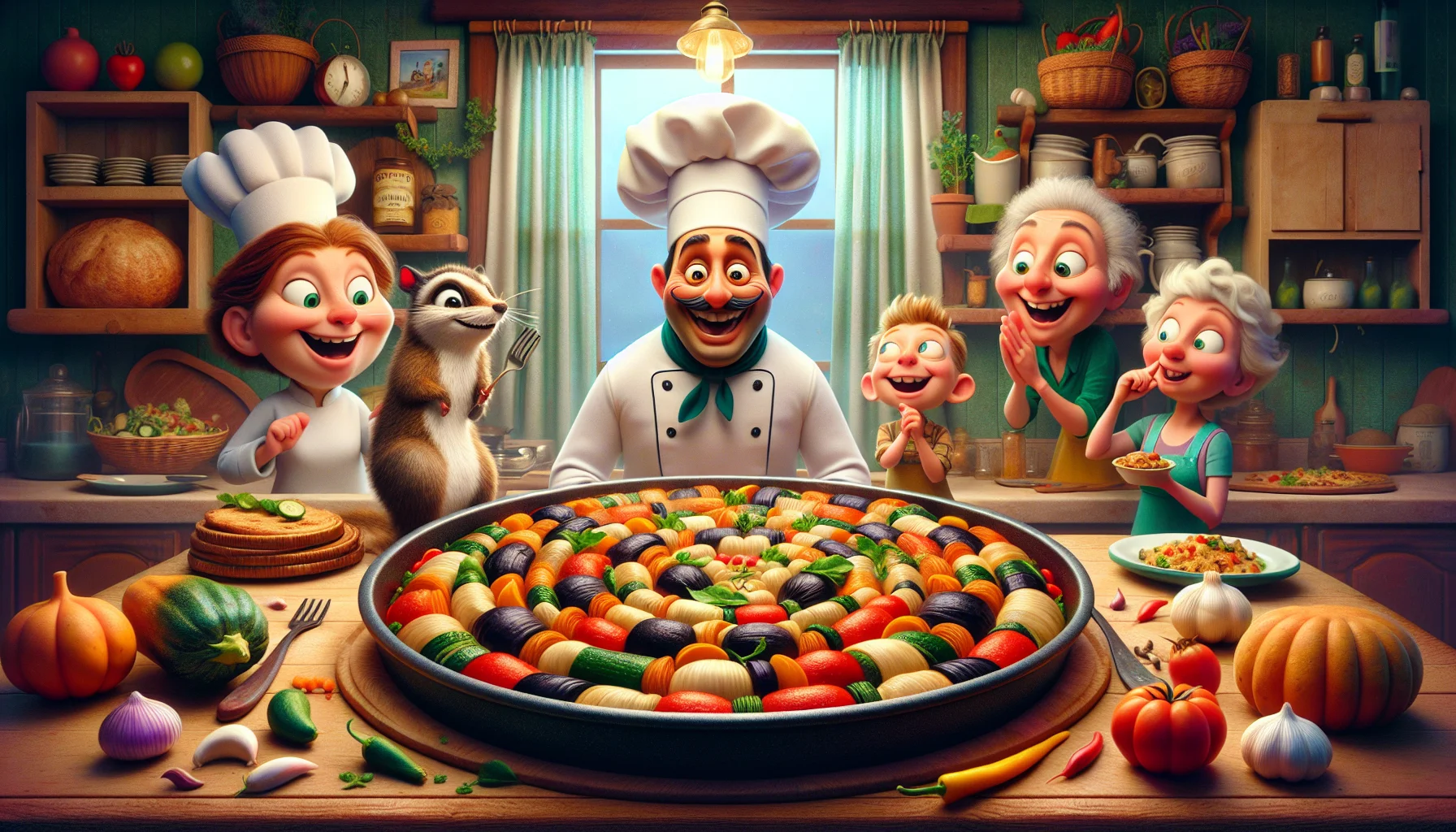 Generate a humorous image that depicts a scene of Ratatouille as prepared in the style of the Smitten Kitchen. The dish is center stage, invitingly presented, showing off its colorful vegetables. Around the dish, incorporate a playful scene of whimsical characters: a jovial chef with a white hat, an excited diner who can't wait to dig in, and perhaps a clever squirrel eyeing the food with curiosity. All of these are gathered in a cozy, cost-efficient themed kitchen. The ambiance is lively, encouraging the viewers to realize they can eat healthy without spending a fortune.