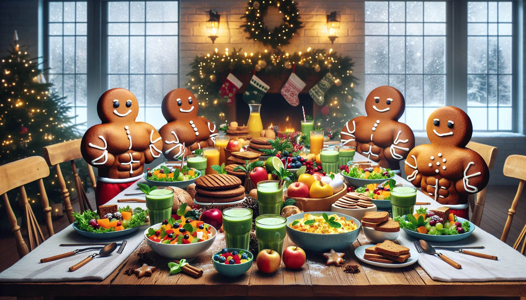 Create a jovial image that captures a special Christmas Eve breakfast scene. Picture a long wooden table laden with numerous healthy dishes that are pleasing to the eye and wallet. Crisp green salads, vibrant bowls of fruit, freshly baked whole grain bread, minty green smoothies, and serving bowls brimming with scrambled egg whites dot the table. In a humorous twist, chubby gingerbread men, resembling fitness trainers, are posed around the table, cheerfully encouraging individuals to partake in the feast. The setting is festive, with twinkling Christmas lights dancing on the backdrop, a tall Christmas tree, and snowflakes gently falling outside the windows.