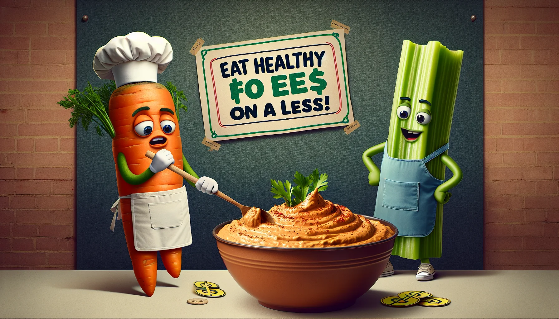 Design a humorous and realistic scenario enticing individuals to embrace healthy eating on a budget. Picture this: a carrot and a celery stick, both personified and wearing aprons, are standing on either side of a large bowl of spicy hummus. The carrot, with a chef's hat and a bemused expression, is stirring the hummus while the celery stick looks on with an approving nod. The backdrop features a banner that reads 'Eat Healthy for Less!' with dollar signs creatively integrated into the design. The overall ambience should be fun, lighthearted and inviting for individuals of any age.