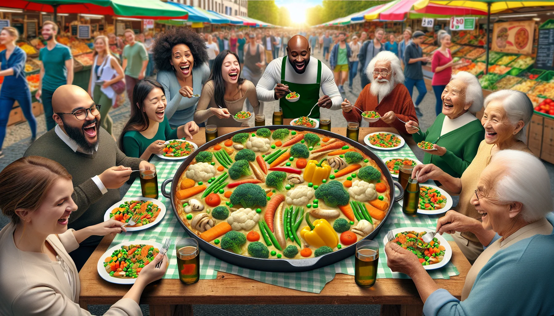Create a humorous and enticing image that depicts a vibrant Spring Vegetable Casserole dish prepared with plenty of colorful vegetables like broccoli, carrots, peas, bell peppers, and asparagus. The scene takes place in a bustling farmers market on a sunny spring day, where easily visible price tags demonstrate the affordability of the ingredients. Surrounding the casserole, a diverse group of people, including a Middle-Eastern woman, a Black man, a Hispanic elderly man, and a South Asian child, are seen heartily enjoying their servings of the delectable casserole, lured by its healthy appeal and affordability.