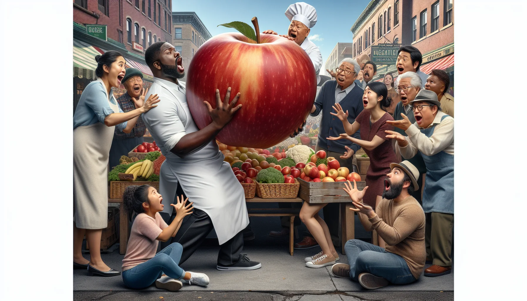 Create a realistic and humorous image showcasing a scene in a lively farmer's market. At the center, two individuals playfully negotiate the price of a giant, ripe apple. One individual, a Black man in a chef's hat, is passionately describing its delicious flavor while holding the massive fruit. The other individual, an Asian woman in casual attire, responds with surprised laughter and a playful roll of her eyes to his sales pitch. Other shoppers, consisting of a diverse group of people of various descents and genders including a Middle Eastern man, a Hispanic woman, a Caucasian man, and others, curiously look on at the funny spectacle. The overall feeling should make the viewer believe that having and cooking real, fresh food is not only affordable but also enjoyable.