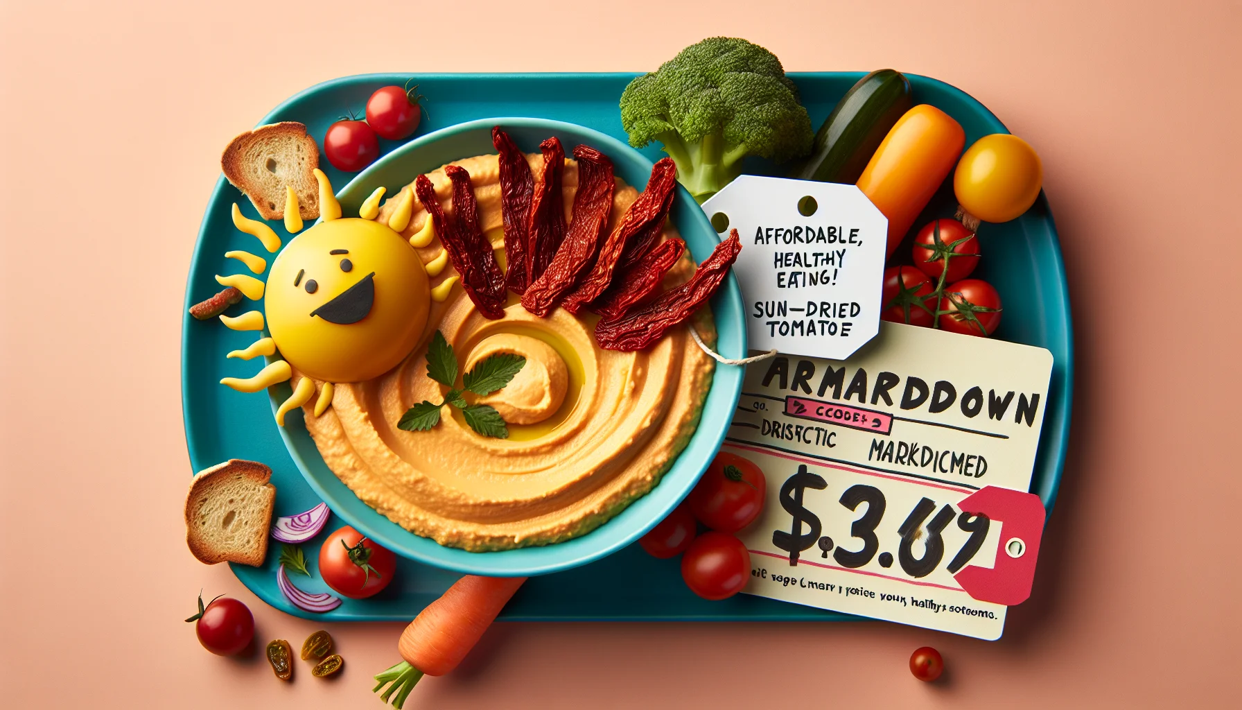 Imagine a humorous and inviting scene emphasizing affordable, healthy eating. In the center of the image lays a large vibrant bowl of sun-dried tomato hummus, garnished with fresh herbs and surrounded by colorful vegetables. On the side, there's an amusing visual metaphor for cost reduction: a price tag demonstrating drastic markdown. The overall atmosphere is light-hearted and friendly, with bright, warm colors, representing the sun which dried the tomatoes. Use your creativity to incorporate elements of fun and laughter into this lovely culinary scenario, inspiring viewers to choose healthier, less expensive food options.