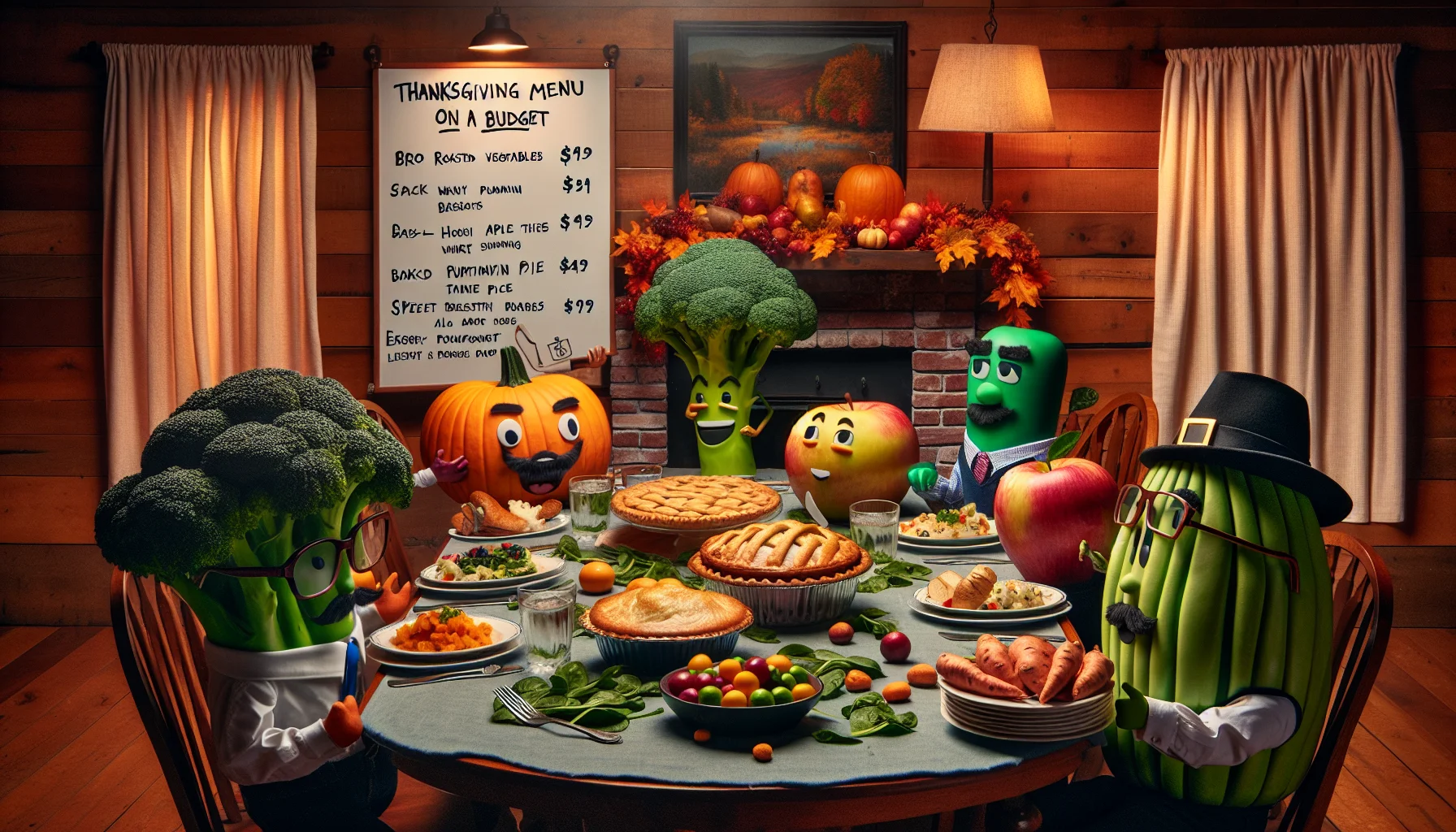 A warmly lit, rustic dining room decorated with fall colors. Around a long wooden table laden with Thanksgiving-inspired dishes are anthropomorphic fruits and vegetables playfully acting out a 'heist' scenario. A broccoli 'mastermind' with glasses and a faux mustache is haggling with a burly sweet potato 'banker' over price tags. Mischievous apple 'thieves' are trying to sneak away with a pumpkin pie, but a spinach 'cop' is about to catch them. A whiteboard hangs on the wall highlighting 'Thanksgiving Menu on a Budget', emphasizing less expensive but healthy options like roasted vegetables, whole wheat stuffing, and fruit desserts.
