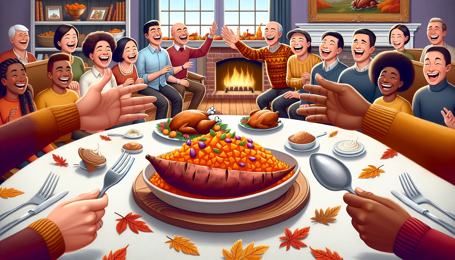 Illustrate an amusing scenario intending to promote healthy and affordable eating on Thanksgiving. On the table is a luscious sweet potato side dish, looking colorful and delicious. Around the table, people of various descents and genders are laughing heartily and reaching out eagerly for the dish. Sprinkle the setting with hints of a warm and enjoyable Thanksgiving ambiance, like a calming fire in a fireplace, classic Turkey decor, and autumnal leaves subtly decorated. The overall tone should convey the message that making healthier choices need not compromise on the joy of the holiday.