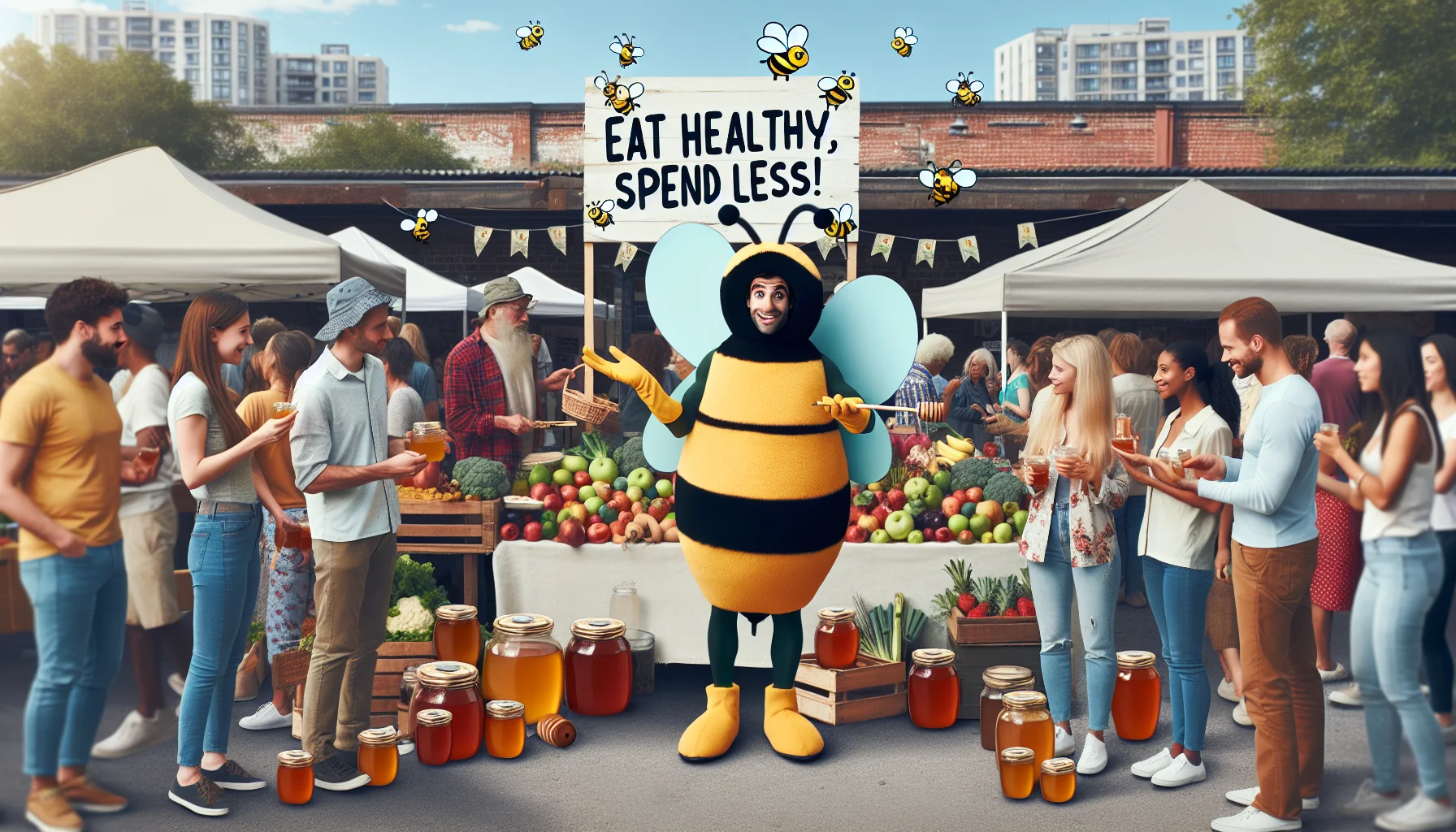 Generate a quirky and humorous image capturing the benefits and uses of raw honey. Picture a busy farmers market where a Caucasian man dressed as a giant honey bee is giving out honey samples to a diverse crowd. Include three stalls, decorated with vibrant fruits, vegetables, and raw honey jars. On the side, there's a large sign saying 'Eat Healthy, Spend Less!' with cute honeybees flying around it. The situation should feel light-hearted and inviting, enticing people to consume more raw honey and opt for a healthier, affordable lifestyle.