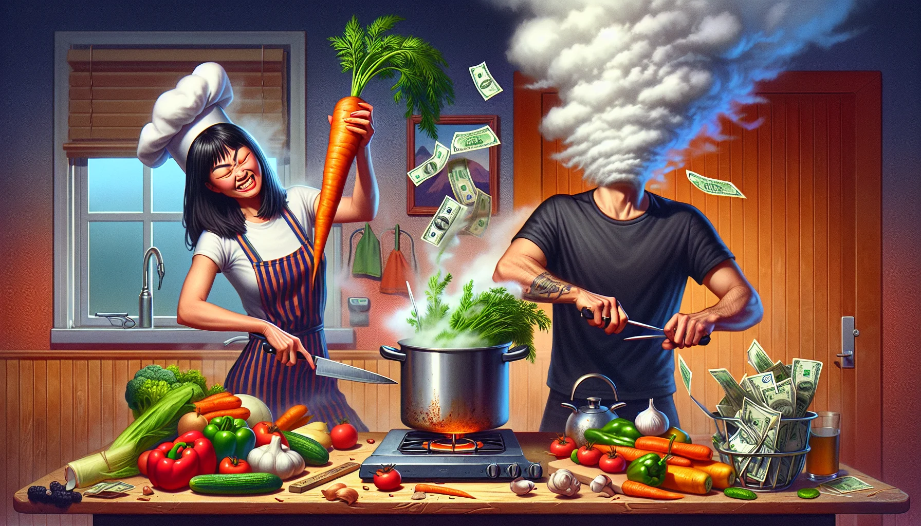 A humorously chaotic kitchen scene that aptly demonstrates the challenge of living without a microwave. An Asian female and Caucasian male are preparing a healthy meal together. The woman is holding up a raw carrot like a sword while a humorous cloud of steam rises from a boiling pot, obscuring the man's face as he manages an abundance of fresh, colorful vegetables. The man stands by a cutting board full of veggies, holding up a pair of tongs like they're precision tools. Dollars bills are sneaking out of the fridge, hinting towards the monetary saving aspect of home-cooked meals.