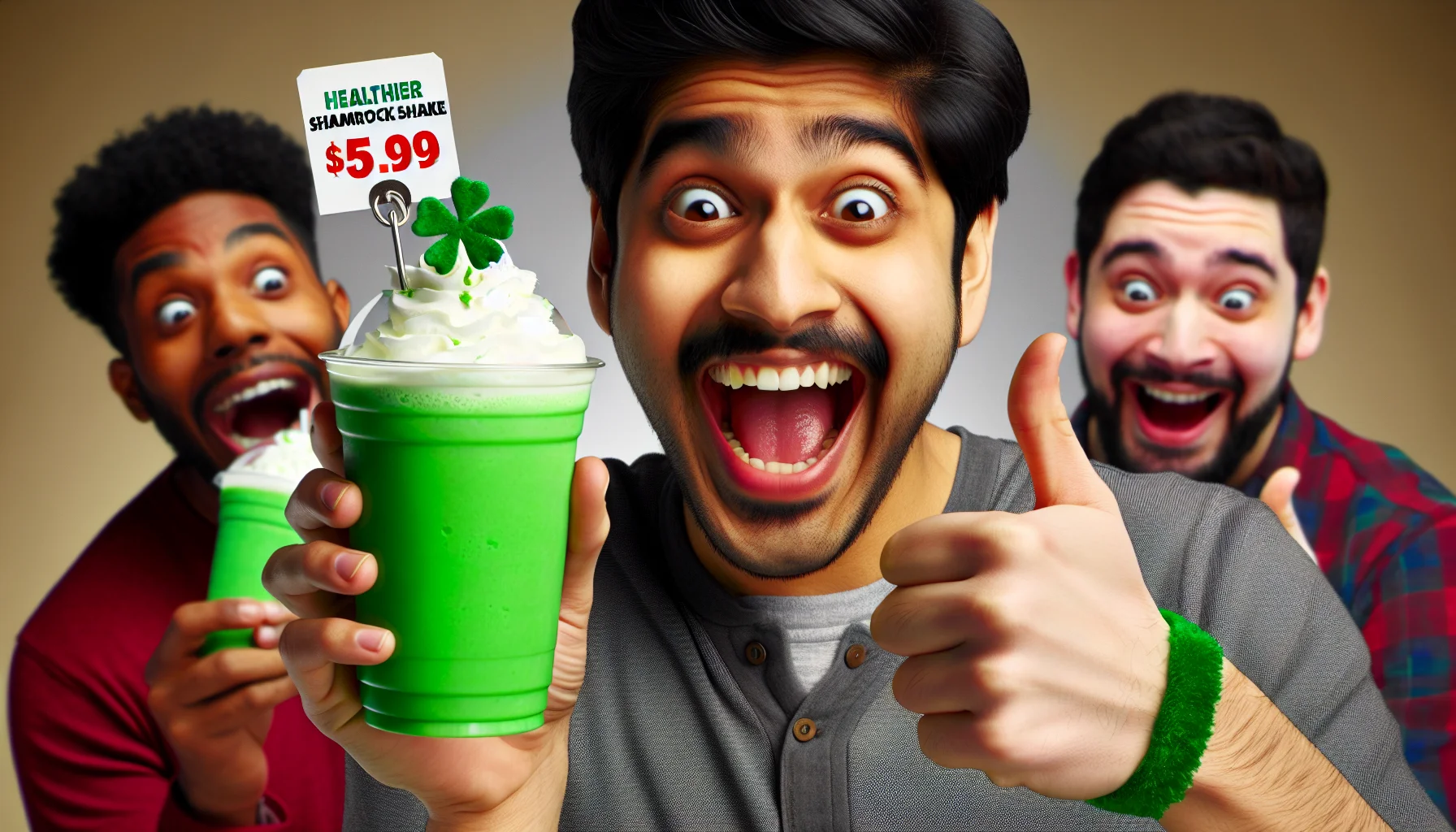 Picture a funny scenario where a sprightly person happily holds the 'Healthier Shamrock Shake' in their hand. The shake looks inviting, brilliantly green and frothy, garnished with a little green clover on top. Close by, there's a price tag dangling with an unbelievably small value, suggesting its affordability. The person, of South Asian descent, is making a quirky face and giving a thumbs-up, indicating the great taste and health benefits of the drink. On the background, there are people of Black, White, and Hispanic descent, all with amused expressions, looking longingly at the shake.