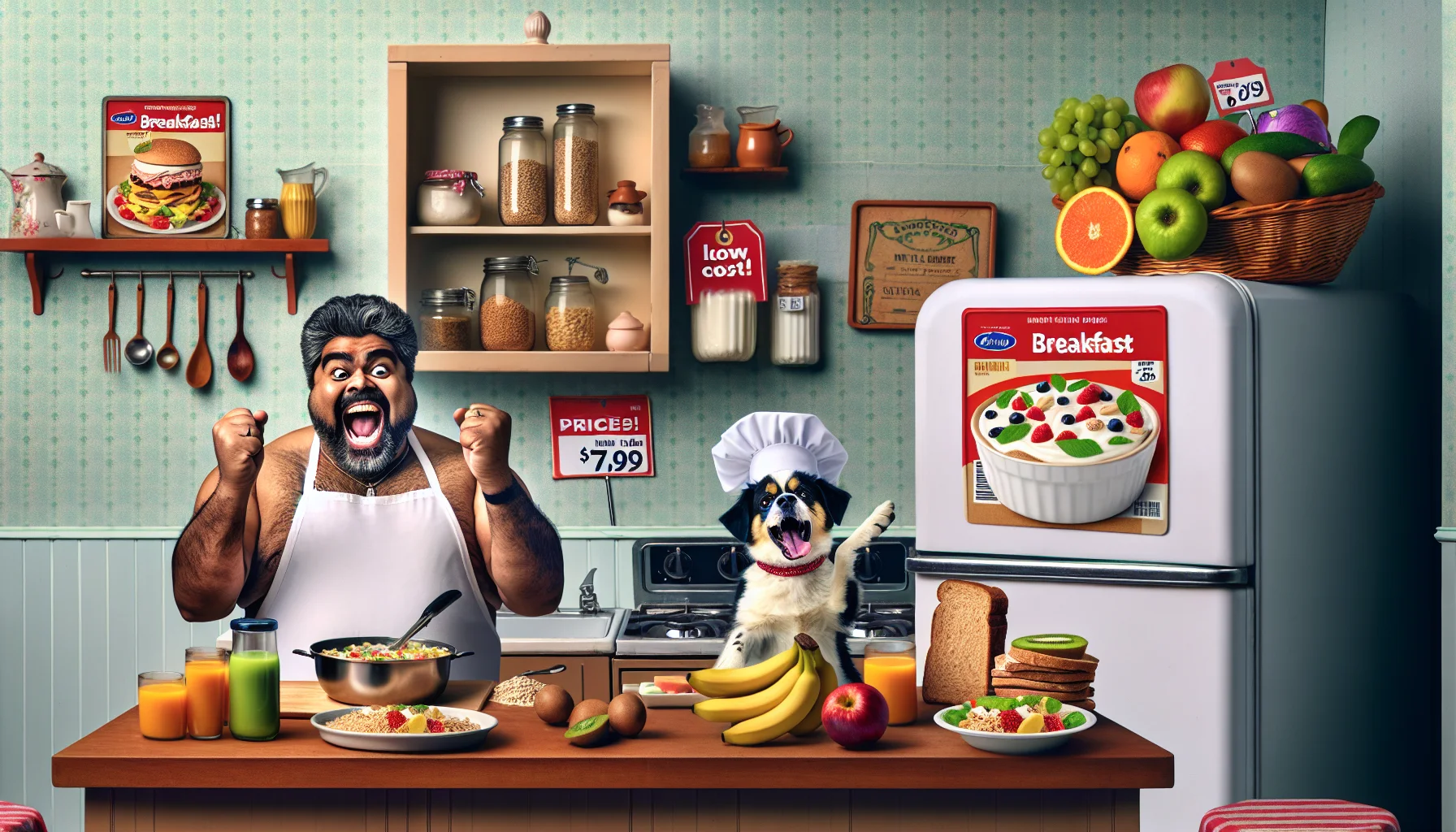 Create a humorous and lifelike scene showcasing the significance of having breakfast. In the image, depict a broad-shouldered man of Hispanic descent enthusiastically making breakfast, full of healthy ingredients like fruits, whole grains, and low-fat yogurt, in a small, thrifty kitchen. To emphasize the low-cost aspect, show prices tags on the food items depicting surprisingly low numbers. To add humor, illustrate a thrilled dog wearing a chef's hat, attempting to help the man by trying to reach the kitchen countertop.