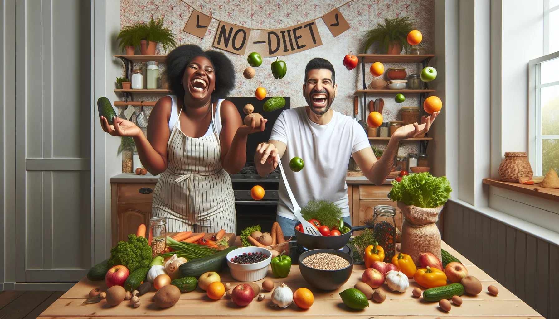 A humorous scene displaying the No-Diet Approach to Eating. Two friends, a Black woman and a Hispanic man, are cooking healthy meals in the kitchen. They are laughing while juggling different colored fruits and vegetables. Around them, various fresh produce, herbs, grains are scattered, with price tags attached that are visibly lower than typical fast food prices. The room is filled with a palpable sense of joy and well-being, all the while showcasing the affordability of making healthy food choices.