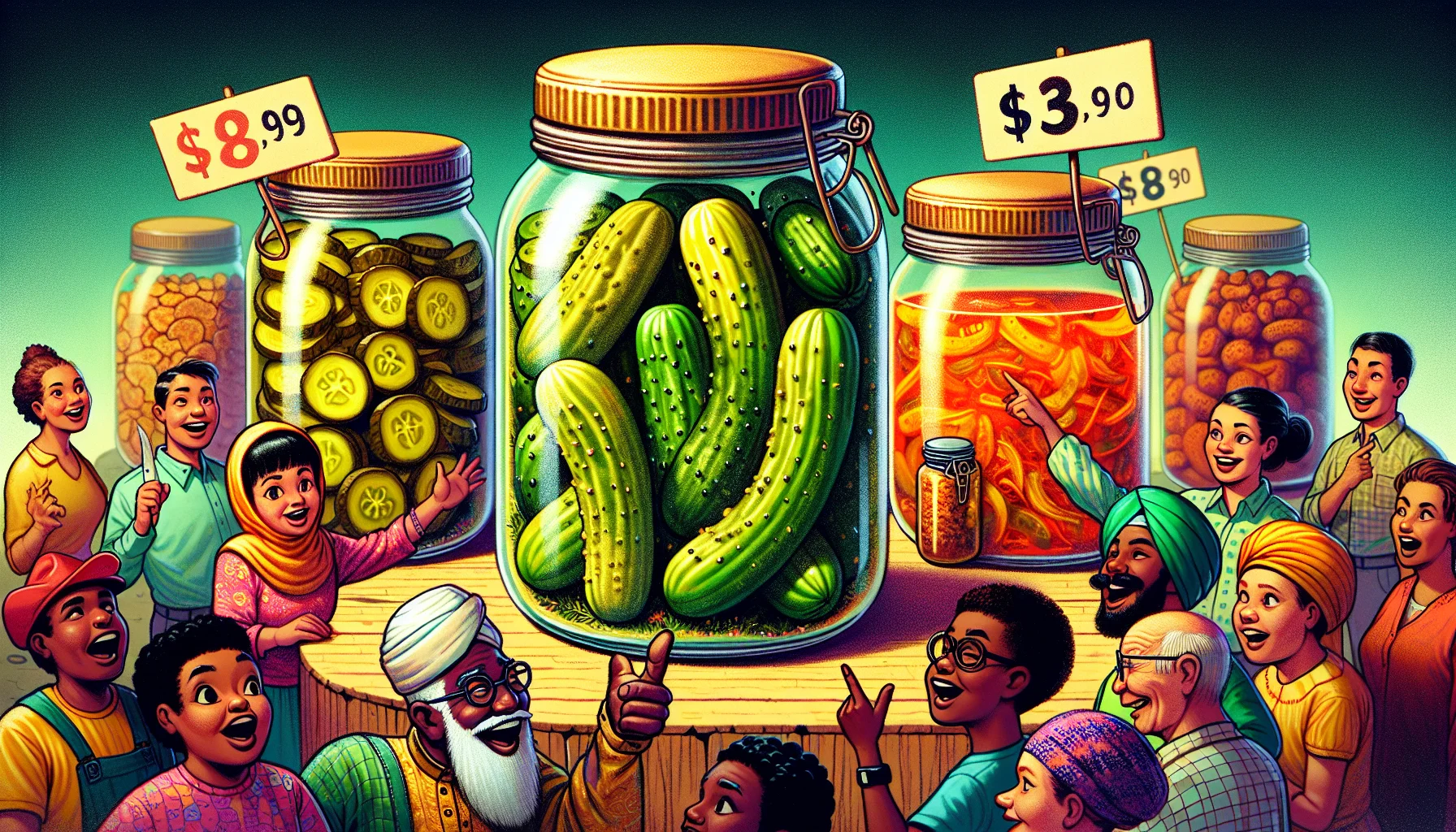 In a humorous scene, three distinct homemade pickle variations are featured as the main attraction. On the left, a glass jar is filled with traditional dill pickles, glowing vivid green. In the center, a vessel brimming with bread-and-butter pickles offer a sweet and tangy alternative. The rightmost jar houses a batch of spicy pickles, their distinctive red hue suggesting a fiery flavor profile. Cartoonish price tags hang from each jar depicting laughably low prices. Surrounding this display, an array of people with a mix of excitement and shock on their faces, a black woman holding a coin purse, a Caucasian man reaching out for a jar, a South Asian child pointing at the spicy pickles and a Hispanic elderly man chuckling at the prices.