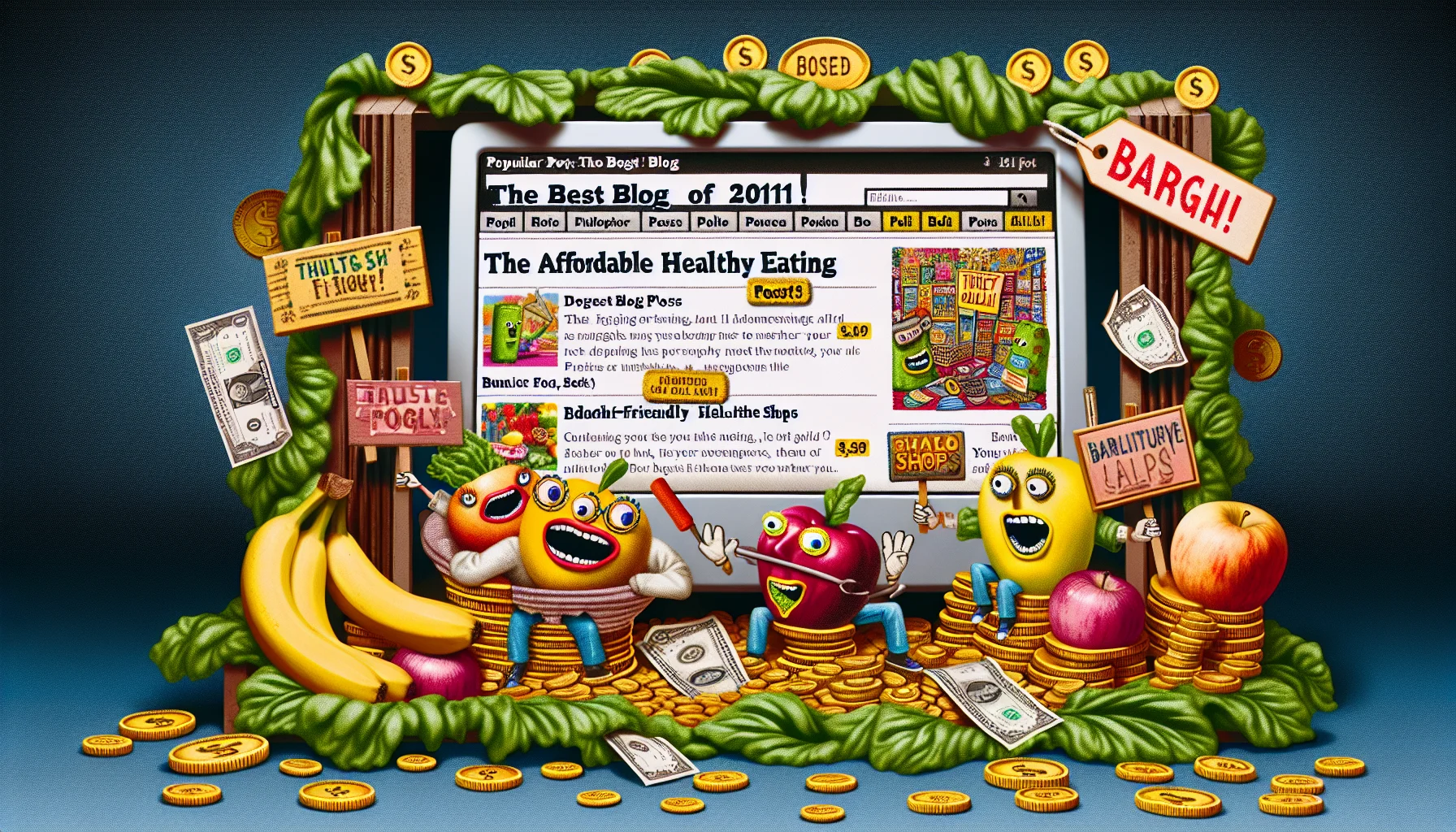 Visualize a humorous scenario featuring the best blog posts of 2011, meant to interest people in affordable, healthy eating. Picture a digital screen splashed with vibrant, appetizing images of fruits and vegetables acting out funny, frugal thrift shop scenes. The screen is open to a 2011 health blog with an engaging layout showing popular posts, well-written articles and tips, all advocating for budget-friendly healthy meals. Surrounding the screen are cartoonish stacks of coins, dollar bills morphed into lettuce leaves, bananas as gold bars, and apples wearing bargain sales tags, all bringing in the theme of cost-effectiveness into the health narrative.