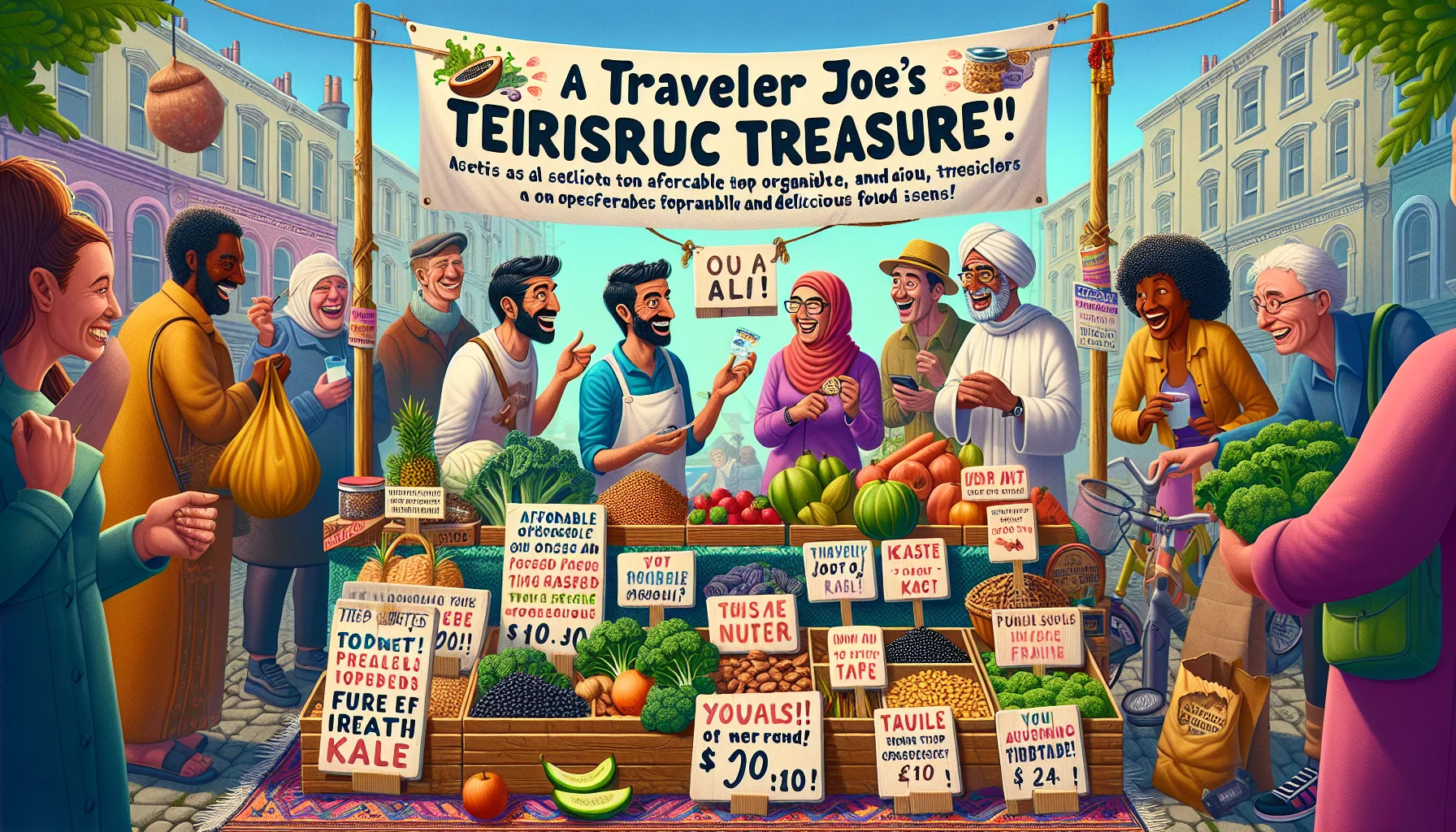 Create a vibrant and engaging scene of a street market stall set up to display a selection of top ten affordable, organic and delicious food items, humorously branded as 'Traveler Joe's Terrific Treasure'. The scene should include signs with witty wordplay and amusing graphics that emphasize the affordability and health benefits of such treasures. Include a diverse array of customers - a Middle-Eastern middle-aged woman examining a pack of organic nuts, a young South-Asian man laughing at a funny sign about kale, a Black elderly couple sharing a bag of fruit and a Caucasian child in awe of a display of colorful vegetables.