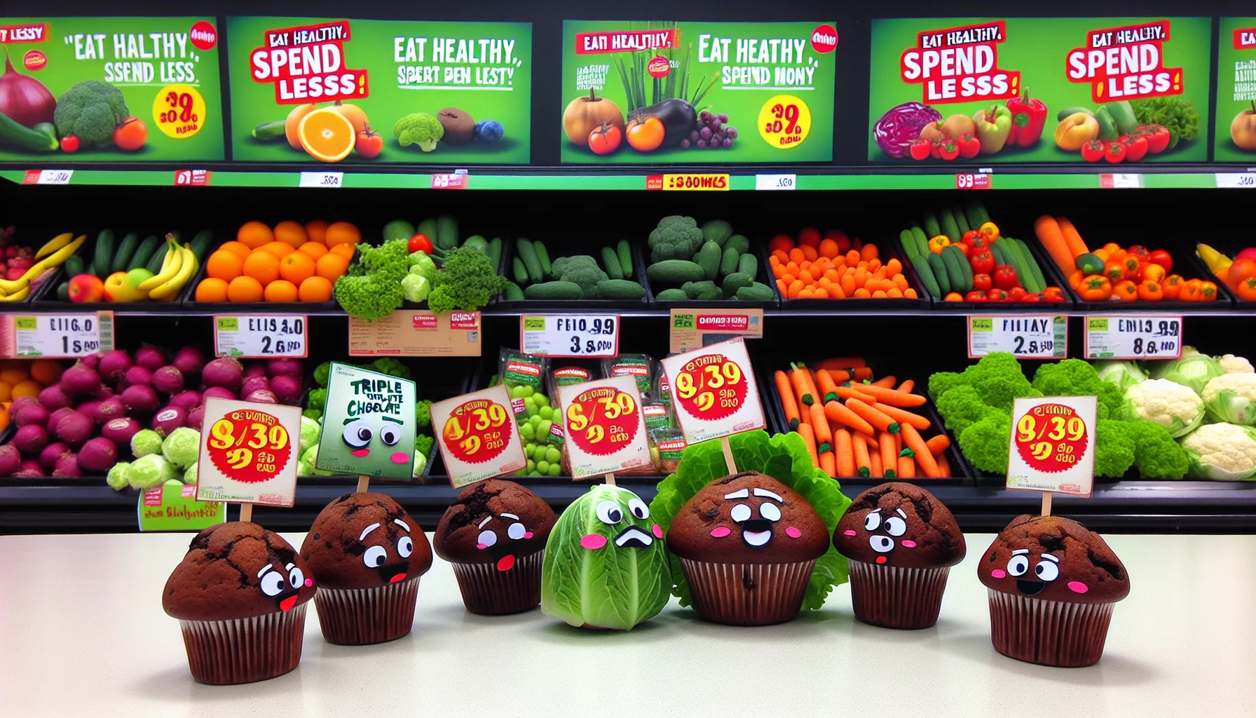 Generate an image where a group of juicy Triple Chocolate Muffins are participating in a humorous skit. This unusual scene is set in a healthy, affordable supermarket aisle surrounded by fresh fruits and vegetables. The muffins, each with faces drawn on them, are mock bickering over who is the tastiest, with tiny placards saying 'Eat Healthy, Spend Less'. The others are wearing miniature lettuce, carrot, and beetroot costumes. The backdrop features bright, colorful posters advertising discount deals on organic produce, strengthening the enticing message of eating healthily for less money.