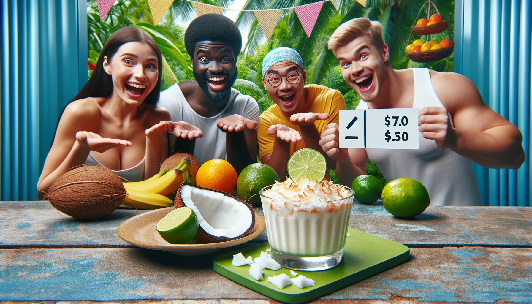Picture a humorous and appealing scenario set in a tropical ambiance. A coconut and lime mousse dessert is sitting appealingly on a table, the creamy texture vividly evident, garnished with a zesty lime slice and coconut flakes. Next to it is a playful sign that shows a comparison of prices, emphasizing the affordability of this healthy dessert. Background full of vibrant tropical plants and fruits. A variety of people, including a Black woman, an Asian man, and a Caucasian teenager are seen excitedly reaching for the mousse, smiles evident on their faces, suggesting the enjoyment of eating healthy for less money.