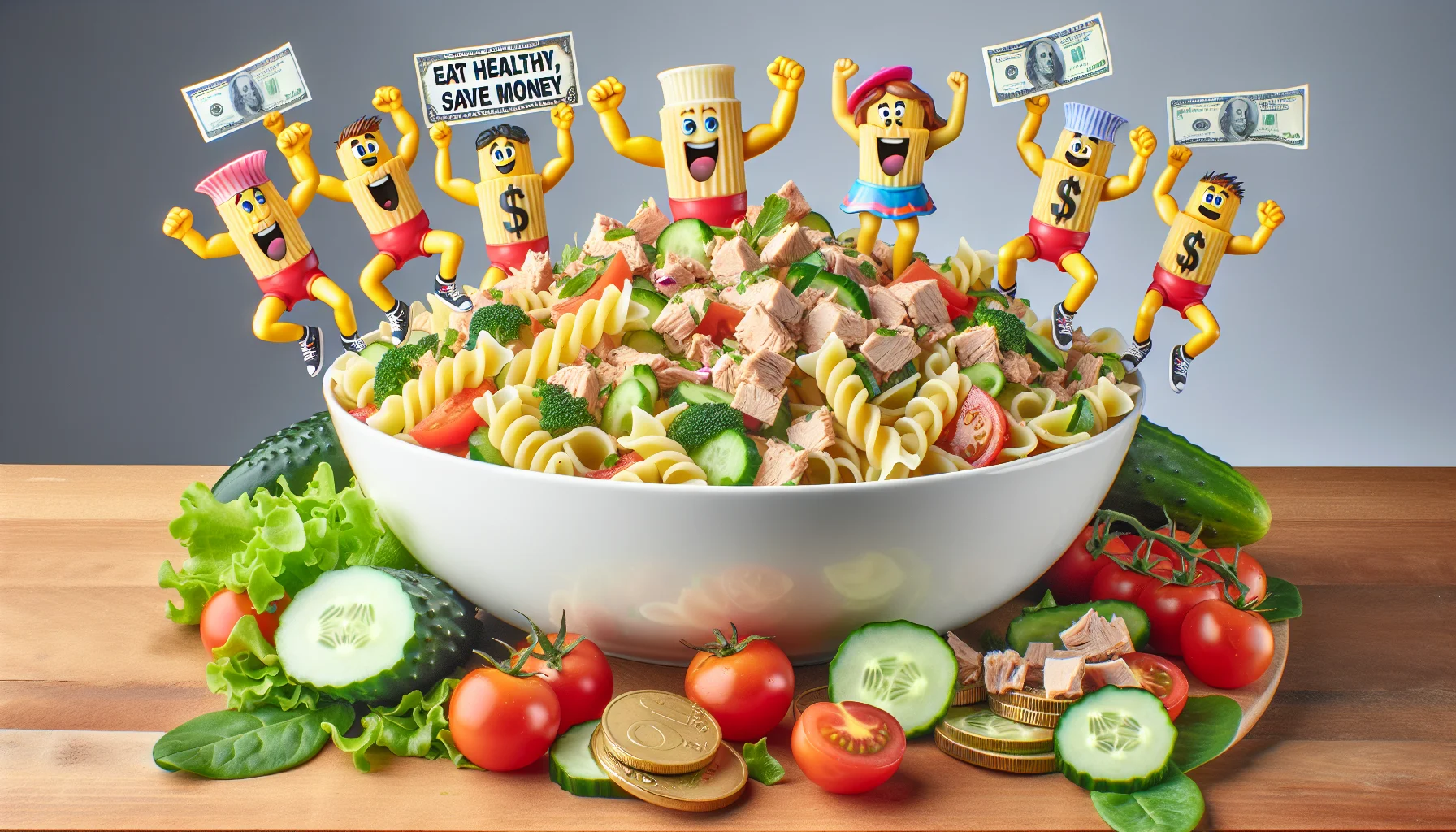 Display a humorous scene with a bowl of Tuna Pasta Salad, embodying the spirit of springtime. The vibrant salad consists of juicy chunks of tuna, twirls of pasta, and a colorful selection of fresh vegetables such as cherry tomatoes, cucumbers, and bell peppers, tossed in a tangy lemon vinaigrette. A group of animated, comical dollar bills and coins are acting as cheerleaders on the sidelines, waving banners that read 'Eat Healthy, Save Money', enthusiastically encouraging people to opt for this budget-friendly, healthy living choice.