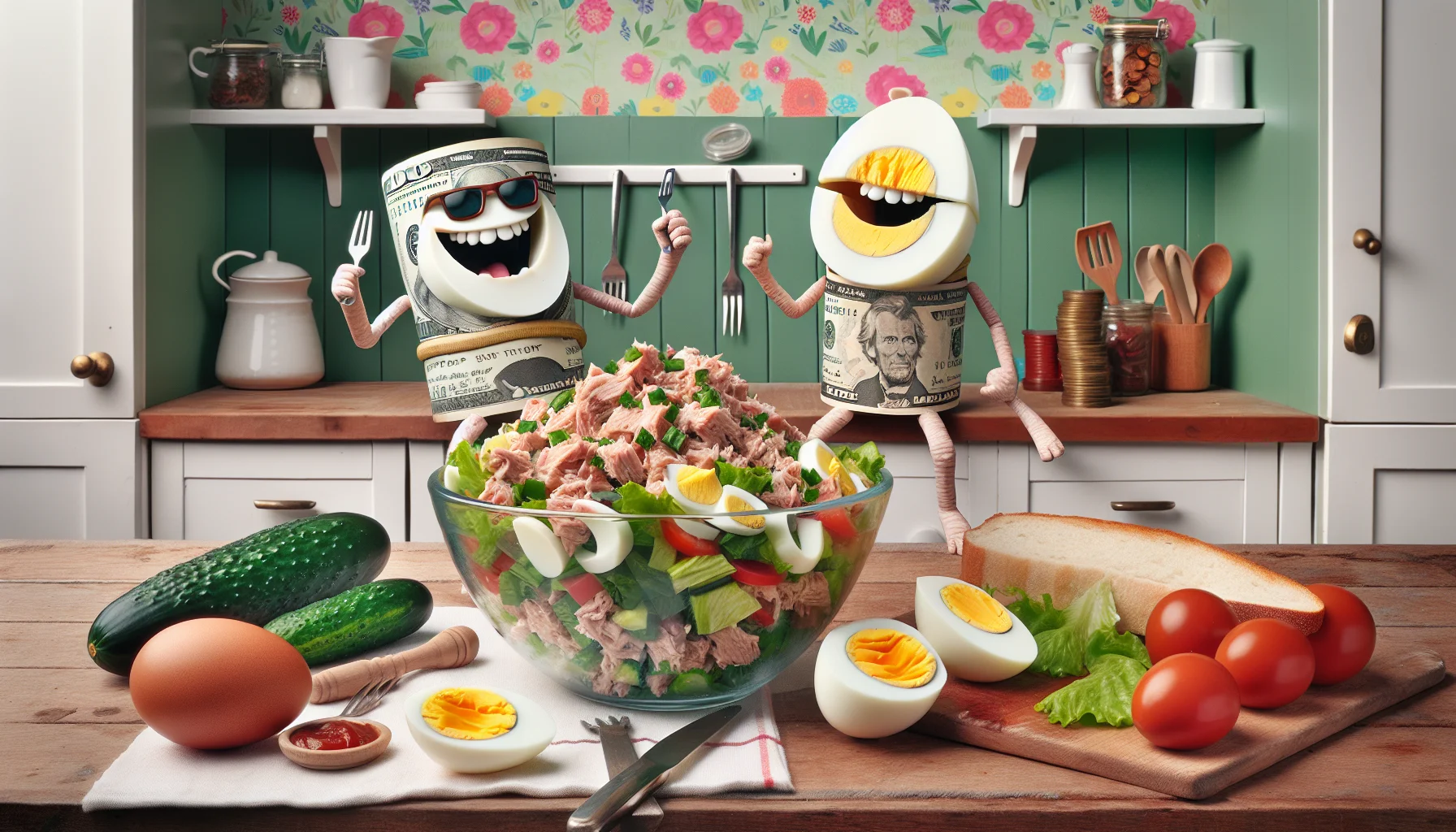 Create an image of a humorous scene featuring a tuna salad recipe with egg and relish. This scene takes place in a lively kitchen with colorful wallpaper and white cabinets. In the foreground, there's a rustic wooden table neatly arranged with precisely chopped ingredients: fresh tuna, crisp lettuce, boiled eggs, and piquant relish, all artistically displayed. A couple of anthropomorphized banknotes and coins, who are donning hats and carrying forks, are laughing around a bowl of the almost finished salad, displaying their enthusiasm and joy. The scenario carries a lighthearted message to inspire people to eat healthily and economically.