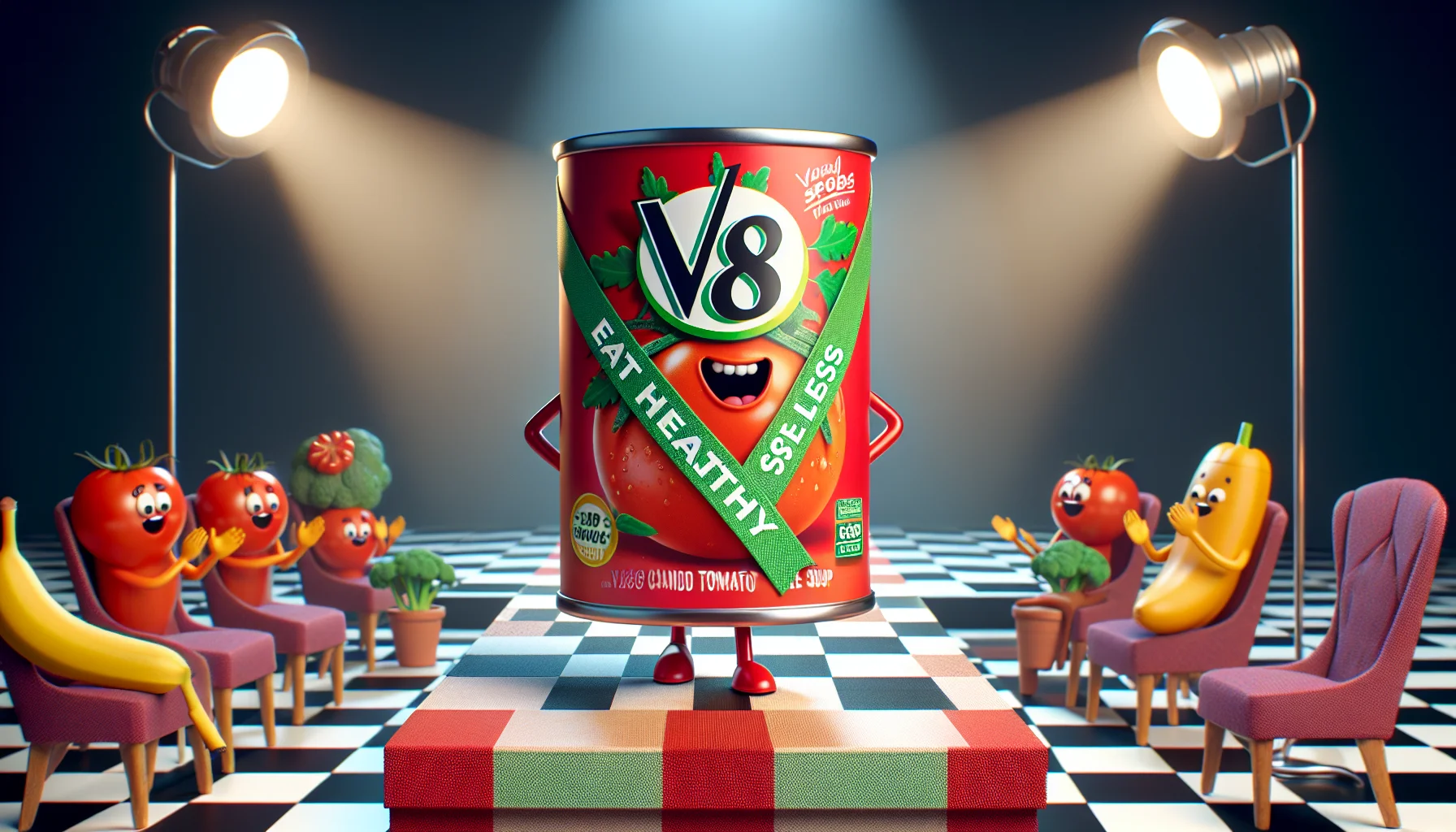 Compose an image of a whimsical scenario featuring a can of V8 tomato soup. The can is personified with animated eyes and a cheerful smile, acting as an ambassador of health and discount. It's actively participating in a mock fashion show, wearing a colorful sash that reads 'Eat Healthy, Spend Less.' The 'runway' is a checkered kitchen countertop, with food items applauding on the sides. There is a bright spotlight shining on it, adding drama to the scene, capturing the essence of affordability and nutritional benefits in a humorous and realistic manner.