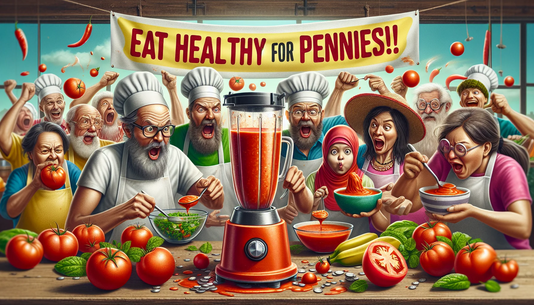 Craft a humorous and realistic depiction of an energetic scene involving a homemade tomato soup recipe. The soup is prepared using a standard blender, and the fresh, juicy tomatoes and other vibrant ingredients are in the foreground, highlighting their freshness. A large banner in the background humorously reads 'Eat Healthy for Pennies!', alluding to the cost-effectiveness of the meal. The scene is populated with a diverse group of people: a Caucasian male, a Hispanic female, a Middle-Eastern child, and a South Asian elderly man, all wearing comical hats and oversized bibs, eagerly waiting to taste the soup.