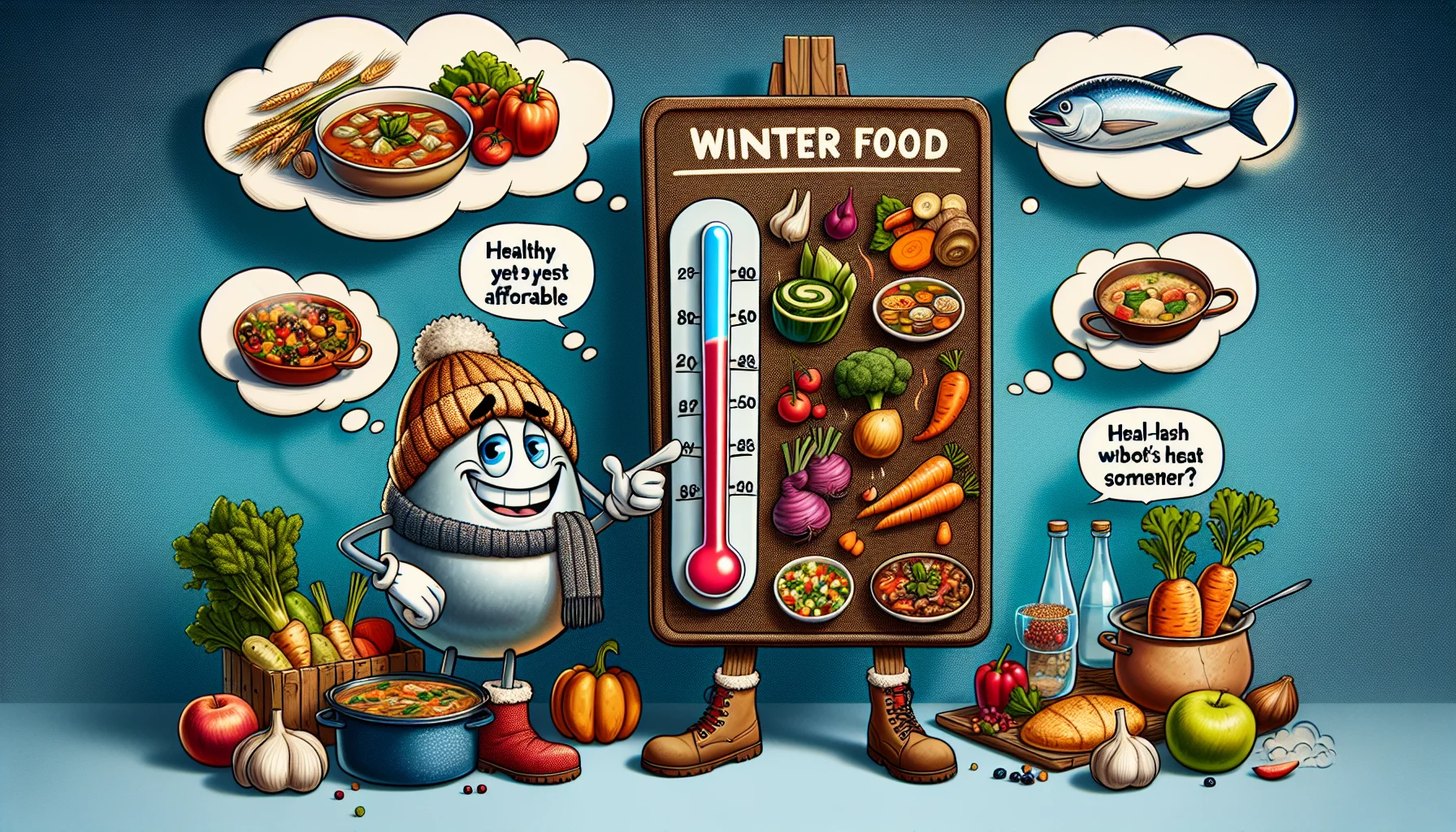 An inviting winter food menu filled with healthy yet affordable offerings, displayed in a humorous scenario. Think of a cartoonish thermometer with a broad grin, dressed in a woolen cap and a scarf, holding up the menu composed of colorful root vegetables, hearty stews, fresh fish, and whole grains. Freeze-frame comic bubbles with engaging one-liners about the affordability and health benefits of the items pop up around the scene.