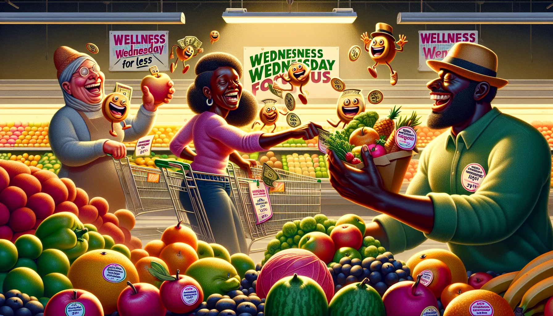 An amusing scenario depicting 'Wednesday Wellness Focus' in a grocery store. A couple of people of diverse descents, one being a Black woman and the other a Middle Eastern man are ecstatically picking up vibrantly colored fruits and vegetables, each with discount tags attached, signifying affordability. Around them, mischievous, anthropomorphic coins and bills are skipping joyously, metaphorically implying 'eating healthy for less'. Stickers and signs around the store enthusiastically promote 'Wellness Wednesday' deals on fresh produce. The scene is bathed in warm, inviting colors underscoring the idea of health and savings.