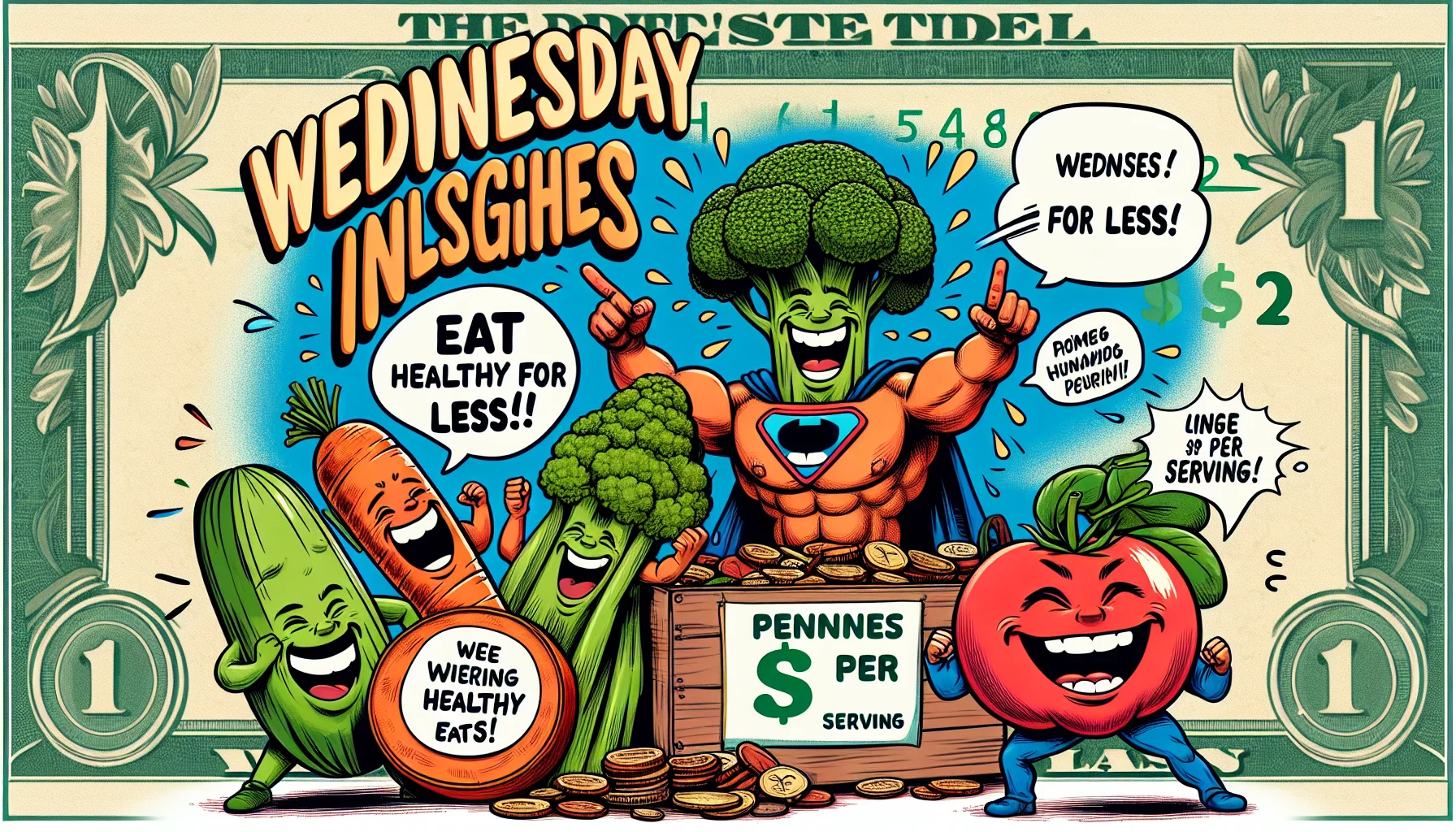 Picture a humorous scene for 'Wednesday Wellness Insights' promoting affordable healthy eating. There's a pile of oversized vegetables: a grinning carrot, a laughing broccoli, and a giggling tomato, all with cartoonish faces. They point towards a dollar bill, indicating the affordability. Nearby, a muscular cartoon spinach leaf wearing a superhero cape flaunts a price tag showing 'Pennies per Serving.' There are speech bubbles generating laughter around the veggies. In the upper left corner, text in playful, bold font says: 'Wednesday Wellness Insights - Eat Healthy for Less!'