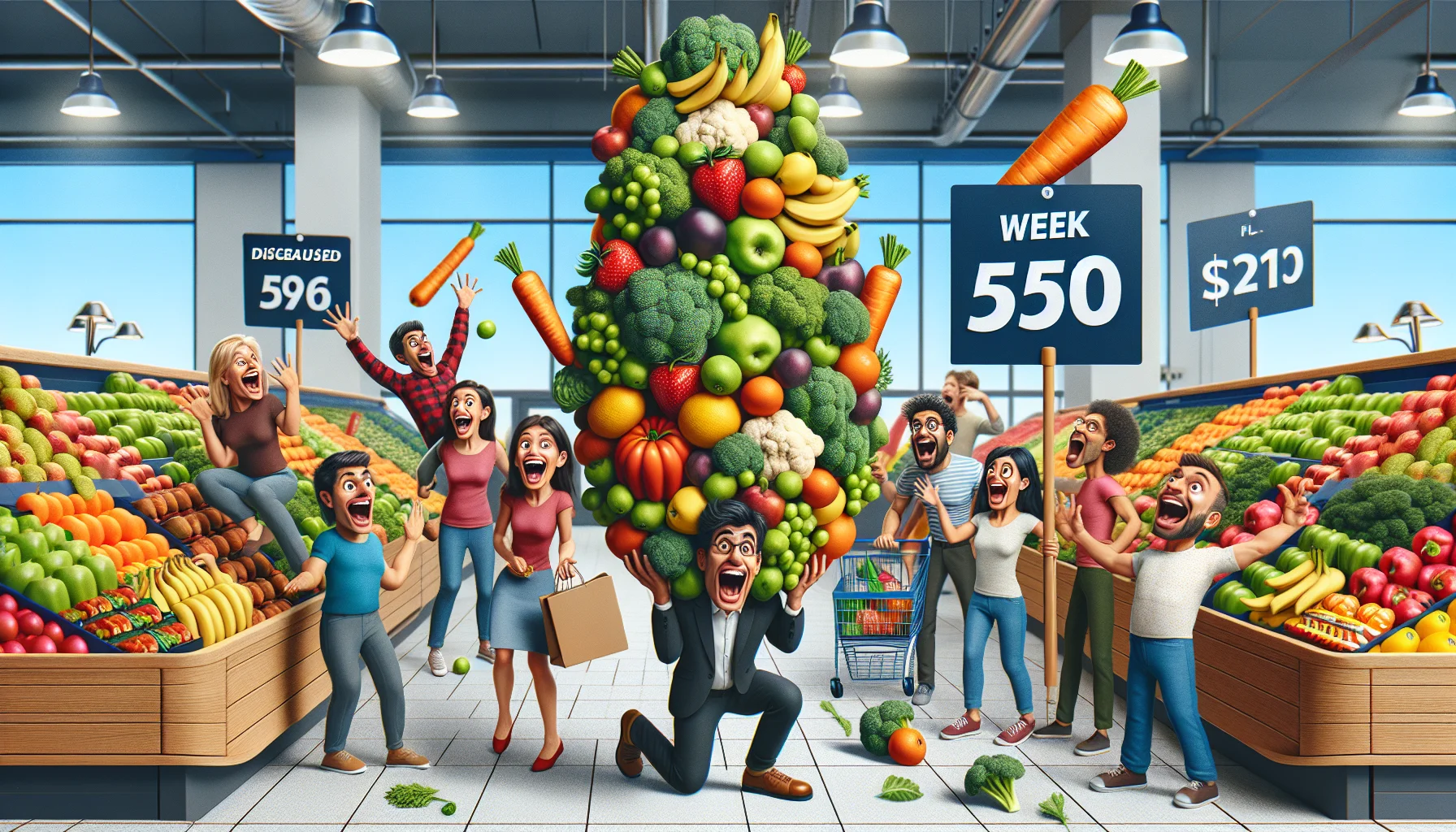 Create a humorous and realistic image signifying 'Week 55: Healthy Wednesday Update'. Visualize a supermarket full of fresh fruits, vegetables, and other healthy foods, with price tags showing surprisingly low prices. Include excited shoppers of different descents and genders, all showing enthusiasm about the affordable healthy food choices. Have fun with the humor - perhaps a man trying to balance a towering pile of fruits in his arms, a woman astounded by the size of a giant carrot, or a child gobbling up a discounted broccoli as if it was candy.
