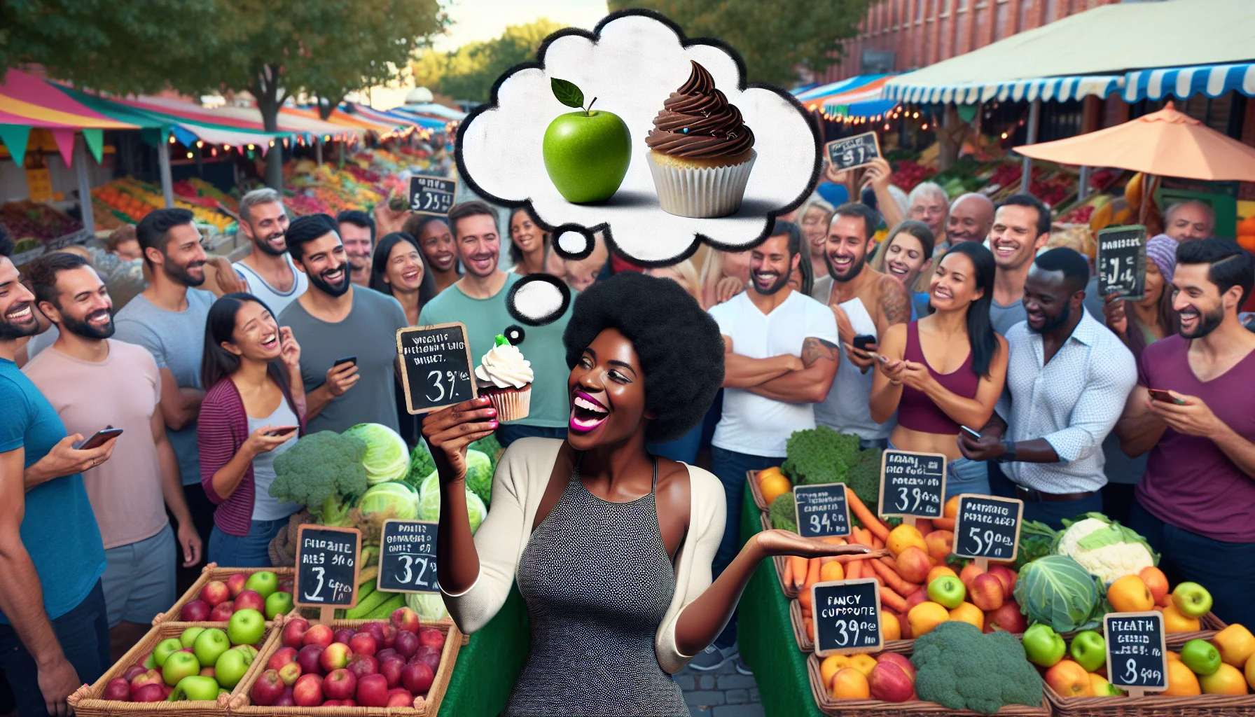Generate a humorous and realistic image that illustrates the idea of 'Weekly Health and Fitness Insights'. Picture a vibrant, colorful farmers market packed with fresh fruits and vegetables. A cheerful Black woman, a fitness coach, is holding up a green apple in one hand and a fancy, expensive cupcake in the other, comparing the prices. She has a thought bubble over her head, filled with an image of the fruit growing larger and the cupcake shrinking as their price tickets swap places, suggesting the affordability of healthier food options. The surrounding crowd of diverse men and women are laughing, intrigued by her presentation.