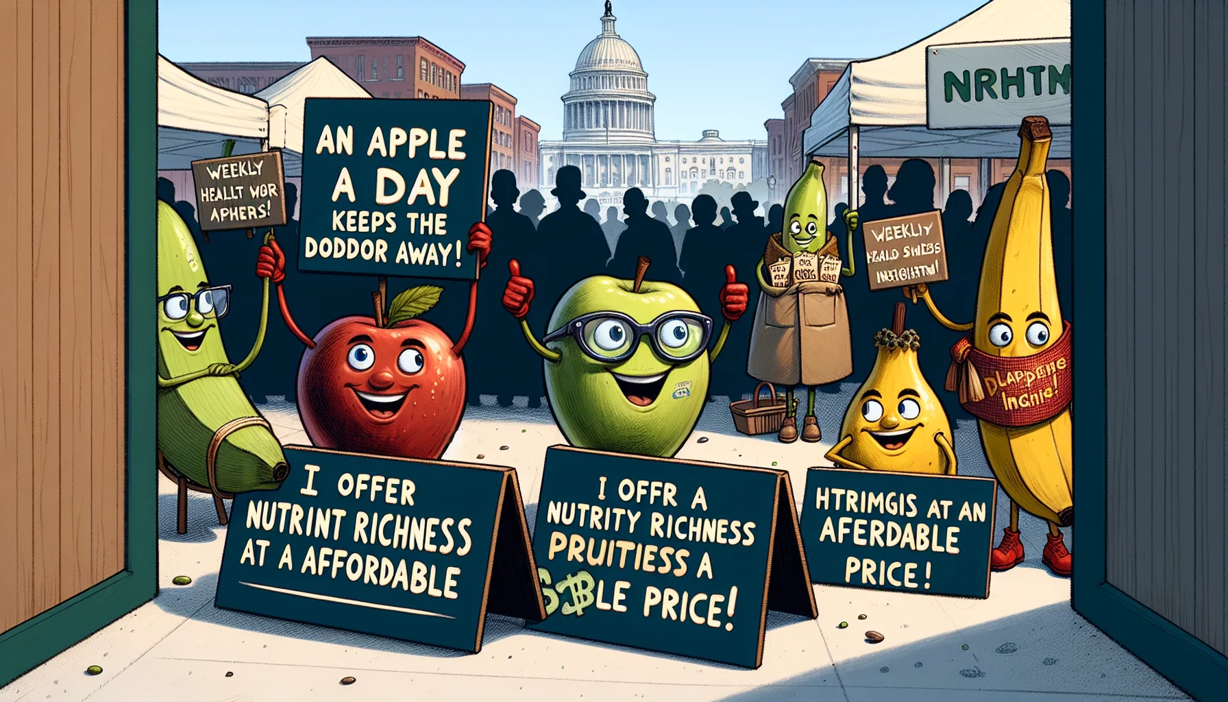 Imagine an amusing yet practical scenario illustrating the concept of 'Weekly Health and Wellness Insights.' Picture a scene where fruits and vegetables have been humorously anthropomorphized. They are at a farmers market, enthusiastically advertising their benefits with signs. The apple wearing glasses is stating 'An apple a day keeps the doctor away!' while a thrifty banana wearing a sash is declaring, 'I offer nutrient richness at an affordable price!' The intent is to entice observers to eat healthier without breaking their budget.